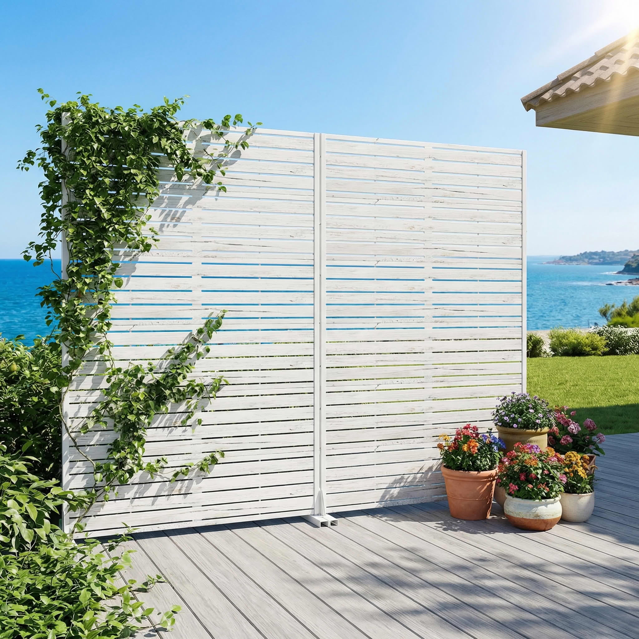 MAYEERTY 2-Piece Outdoor Metal Privacy Screen 6ft × 4ft Weathered White, 6-Panel Wood Grain Louvered, Weatherproof for Patio