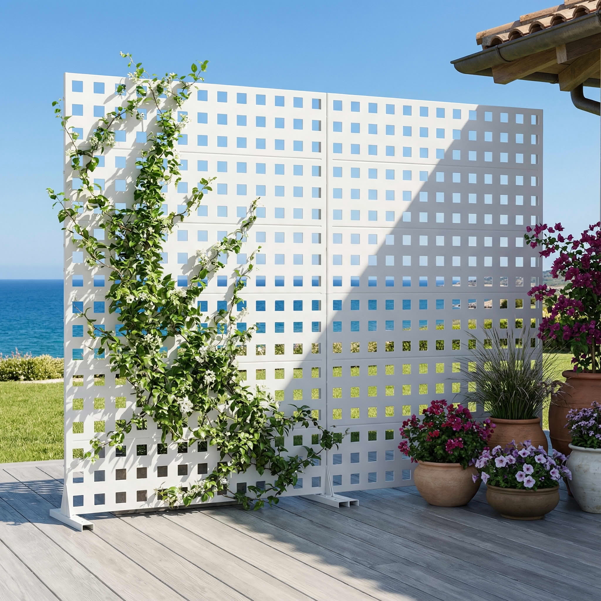 MAYEERTY 2-Piece Outdoor Metal Privacy Screen 6ft × 4ft White, 6-Panel Lattice Pattern, Rust-Resistant for Garden