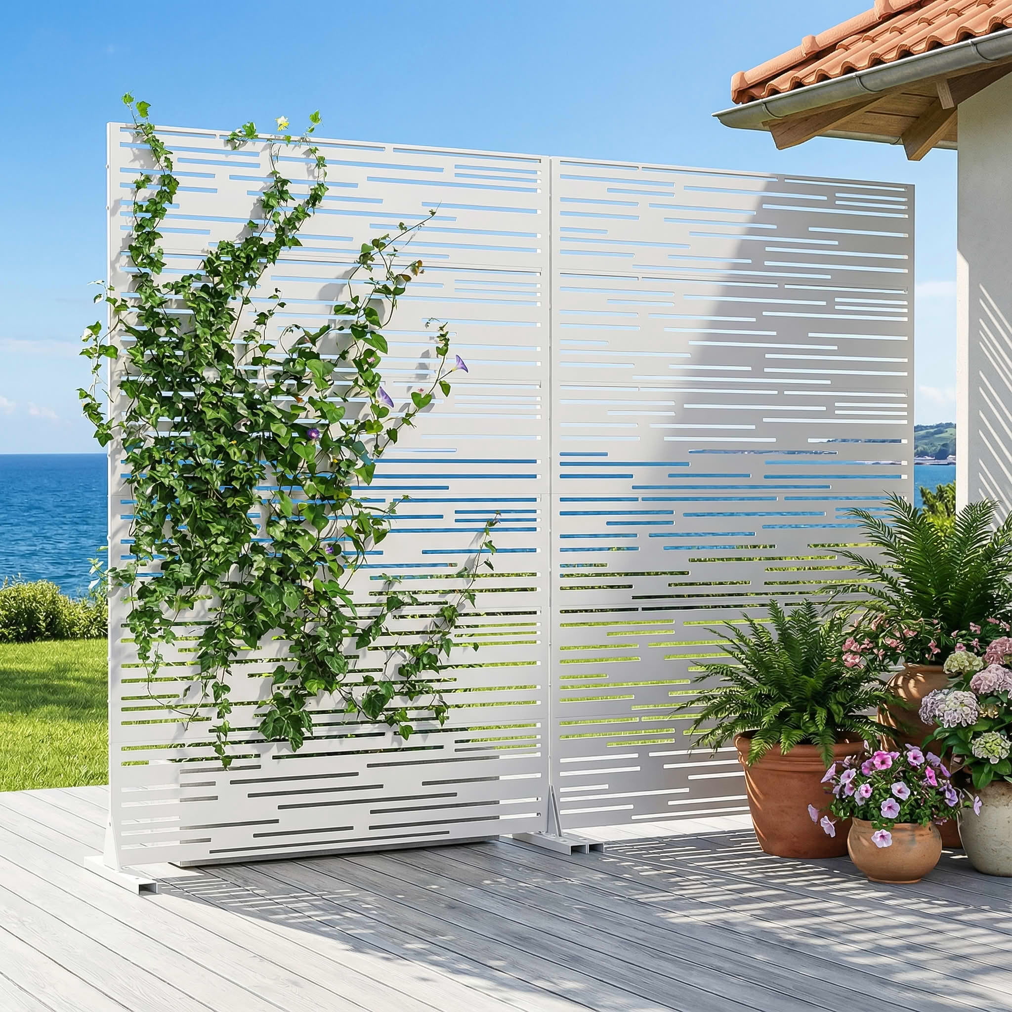 MAYEERTY 2-Piece Outdoor Metal Privacy Screen 6ft × 4ft White, 6-Panel Light & Shadow Pattern, Rust-Resistant for Garden