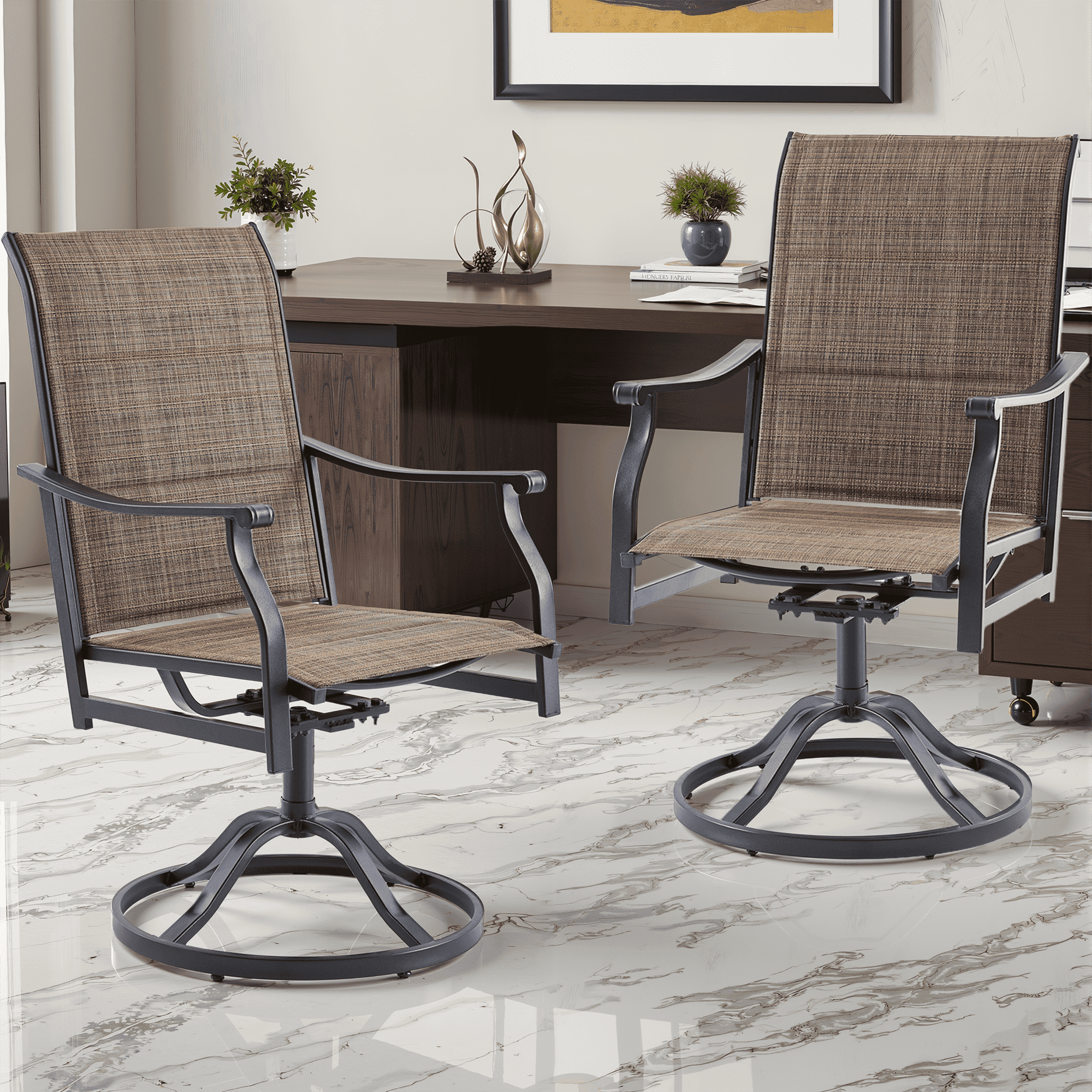 MAYEERTY 2-Piece Outdoor Swivel Dining Chairs with Padded Textilene Fabric for Backyard & Patio, Brown