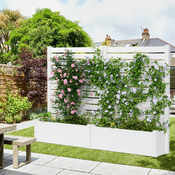 MAYEERTY 2-Piece Outdoor White PVC Rectangular Planter Box with Trellis for Climbing Plants, Raised Garden Bed