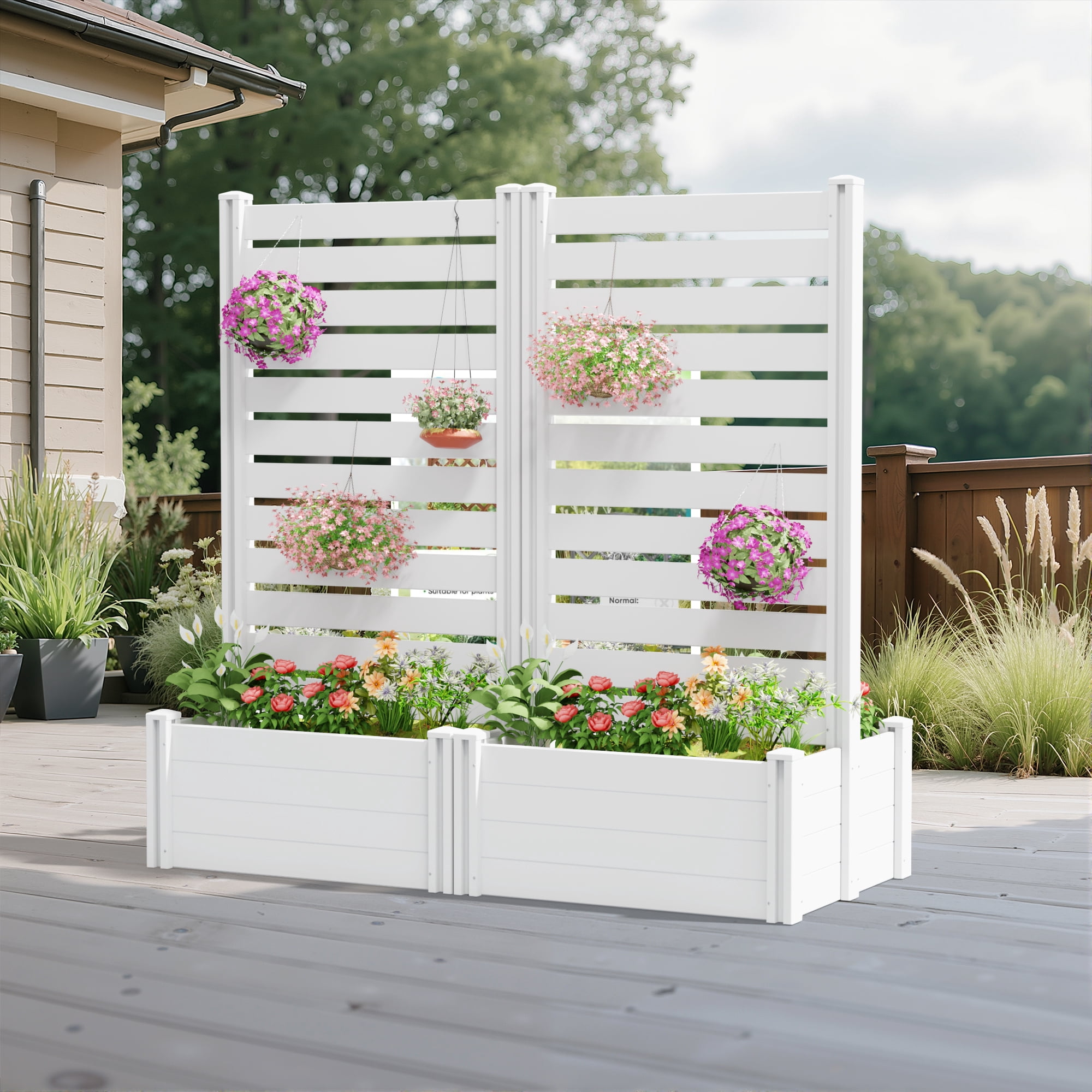 MAYEERTY 2-Piece Outdoor White PVC Rectangular Planter Box with Trellis for Climbing Plants, Raised Garden Bed