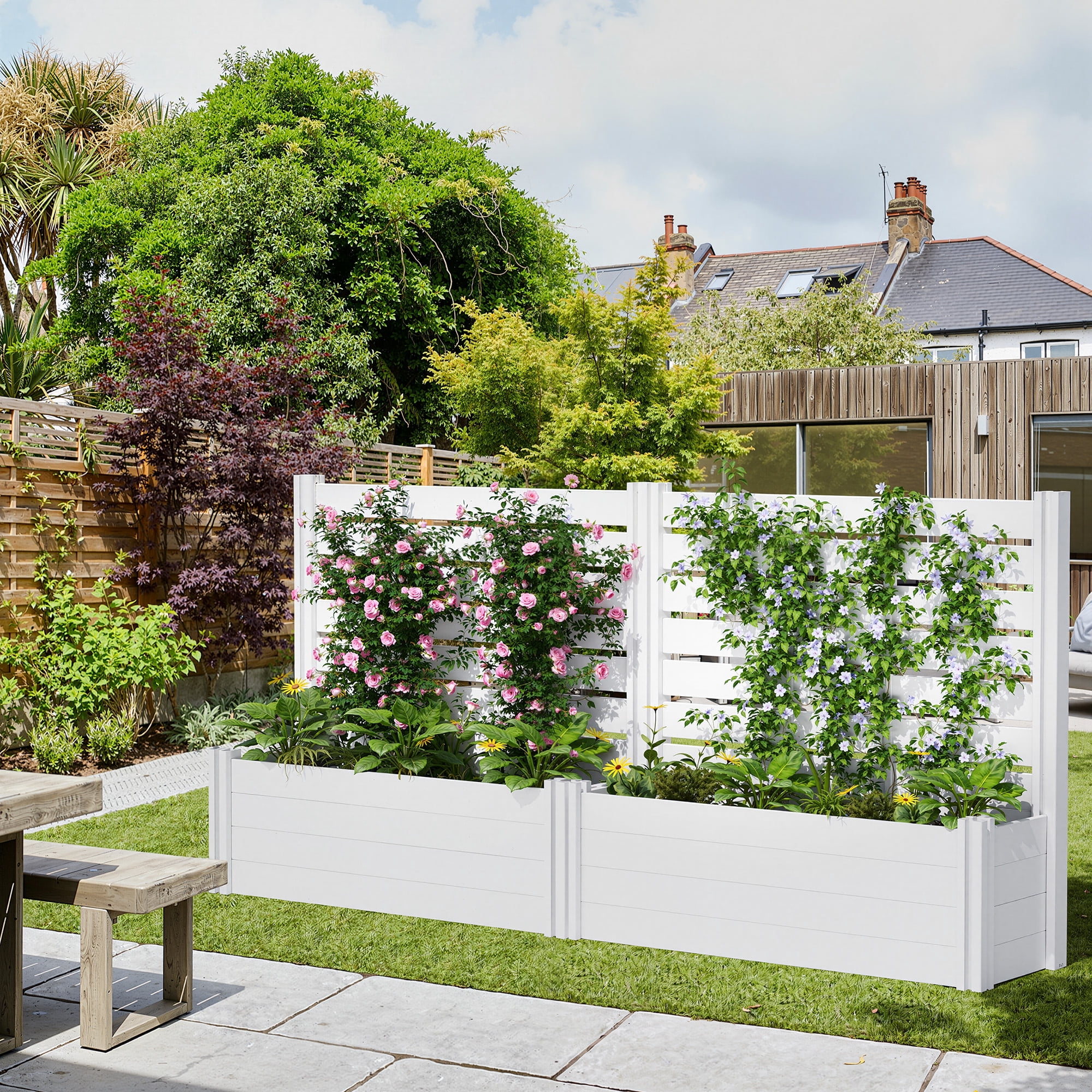 MAYEERTY 2-Piece Outdoor White PVC Rectangular Planter Box with Trellis for Climbing Plants, Raised Garden Bed