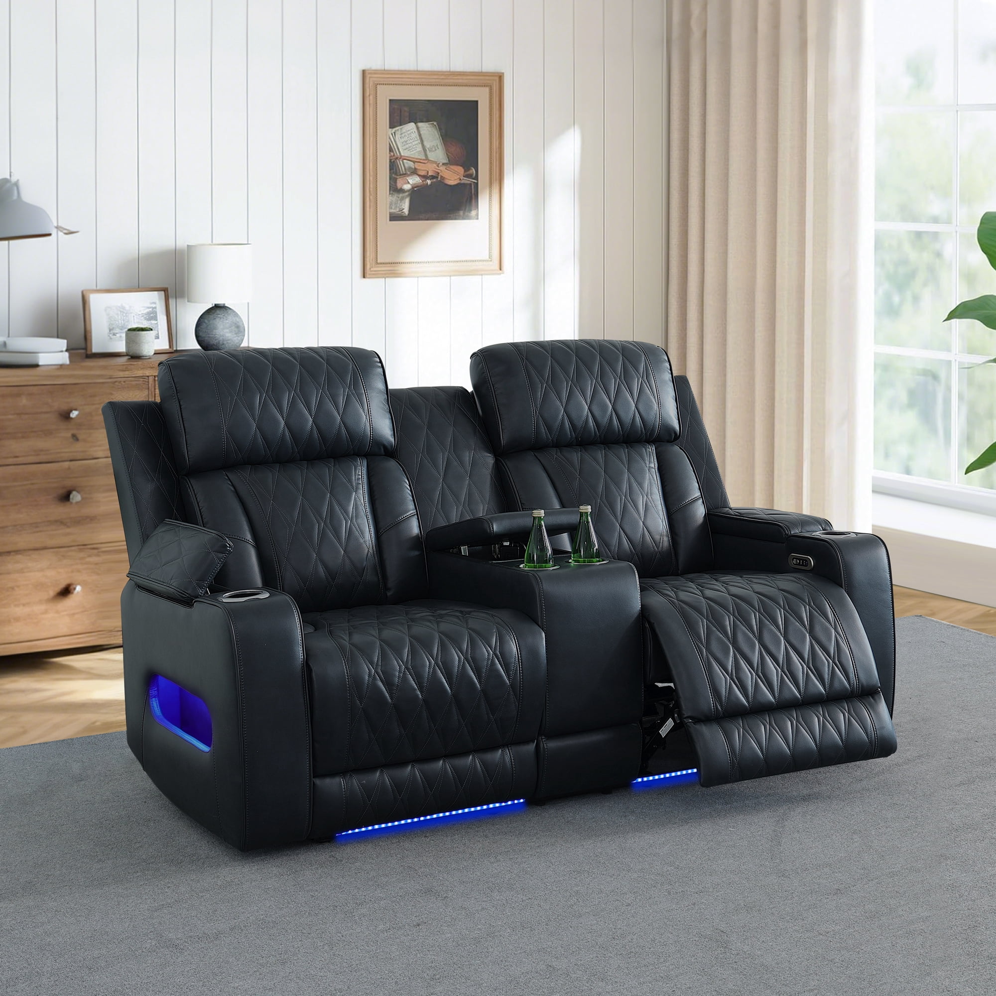 MAYEERTY 2-Seat Intelligent Recliner Sofa Loveseat with Breathable Leather, Storage Bucket & Cup Holders for Family Room