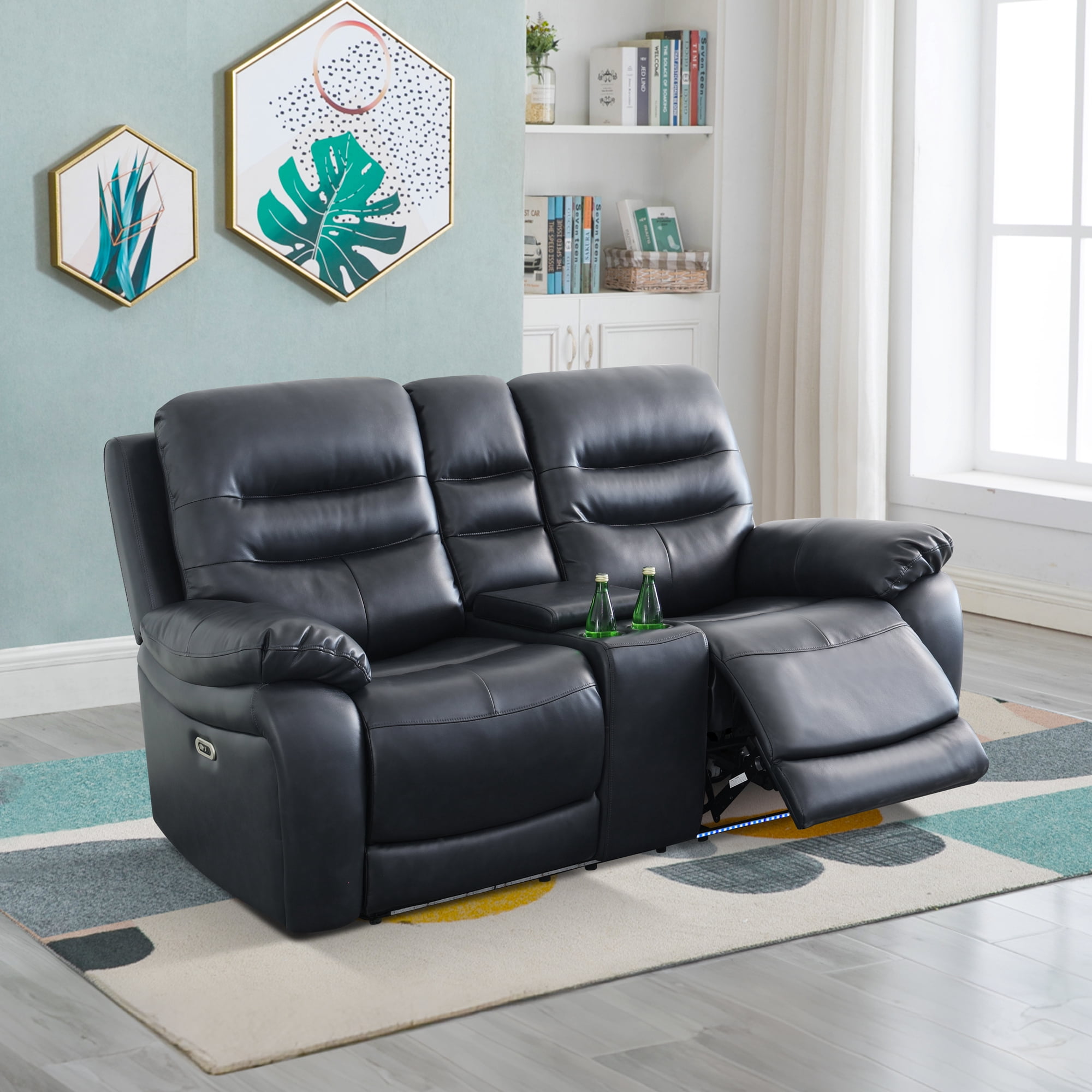 MAYEERTY 2-Seat Intelligent Recliner Sofa with Breathable Leather, Storage & Cup Holders for Living Room