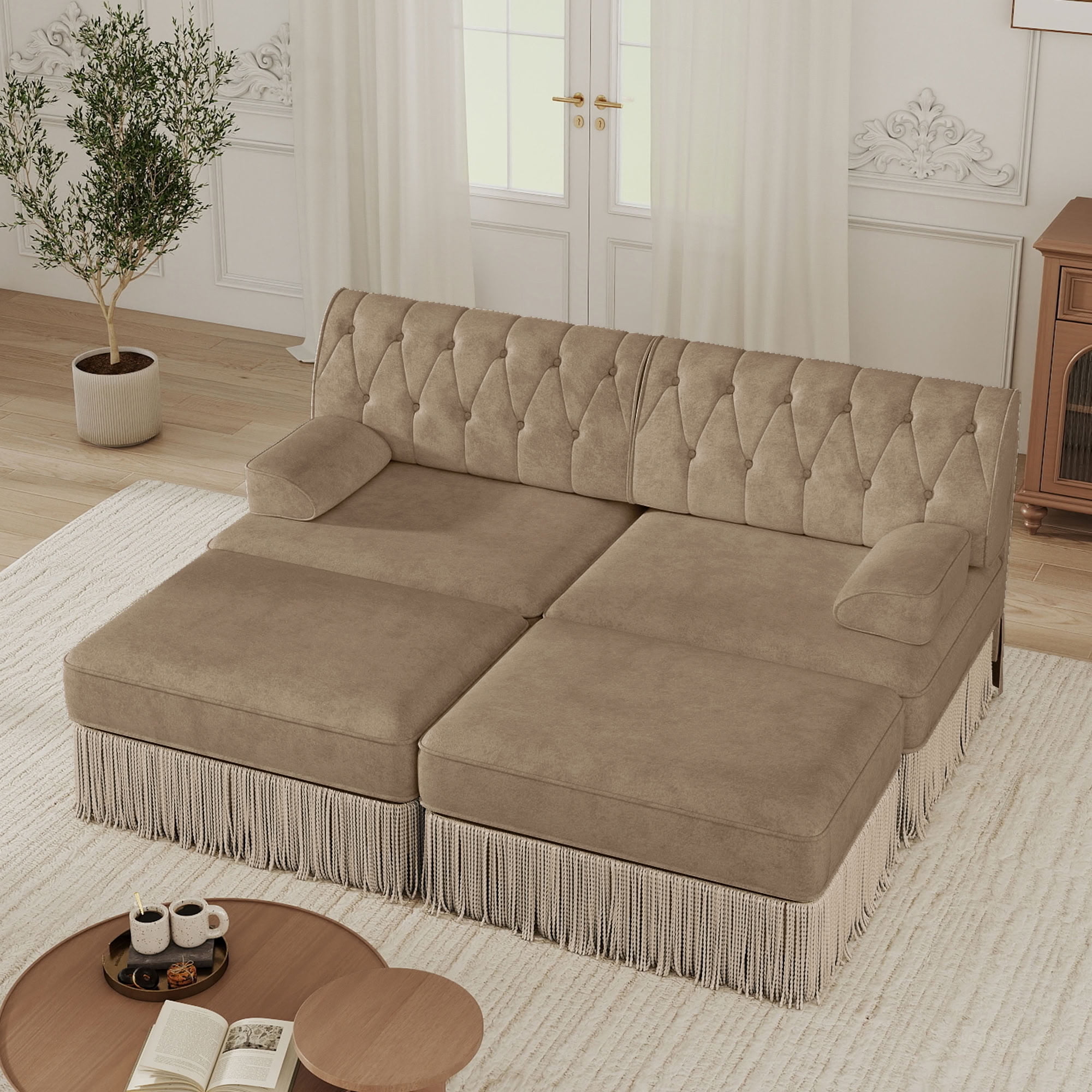 MAYEERTY 2-Seater Chesterfield Sofa, Modular Couch with Tassel & 2 Ottomans, Solid Wood Base for Living Room