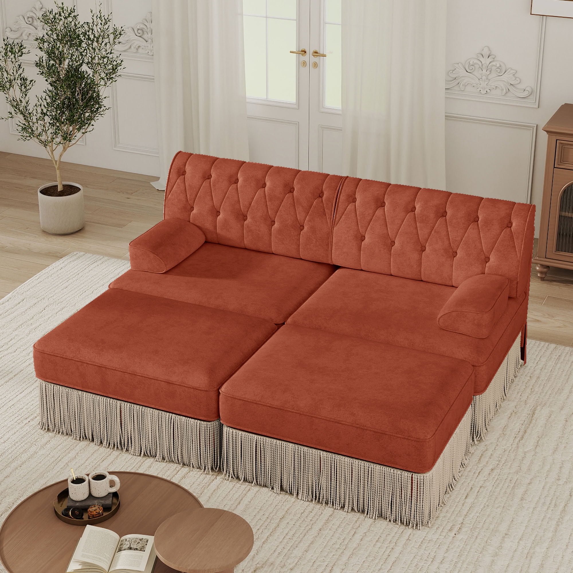 MAYEERTY 2-Seater Chesterfield Sofa, Modular Couch with Tassel & 2 Ottomans, Solid Wood Base for Living Room