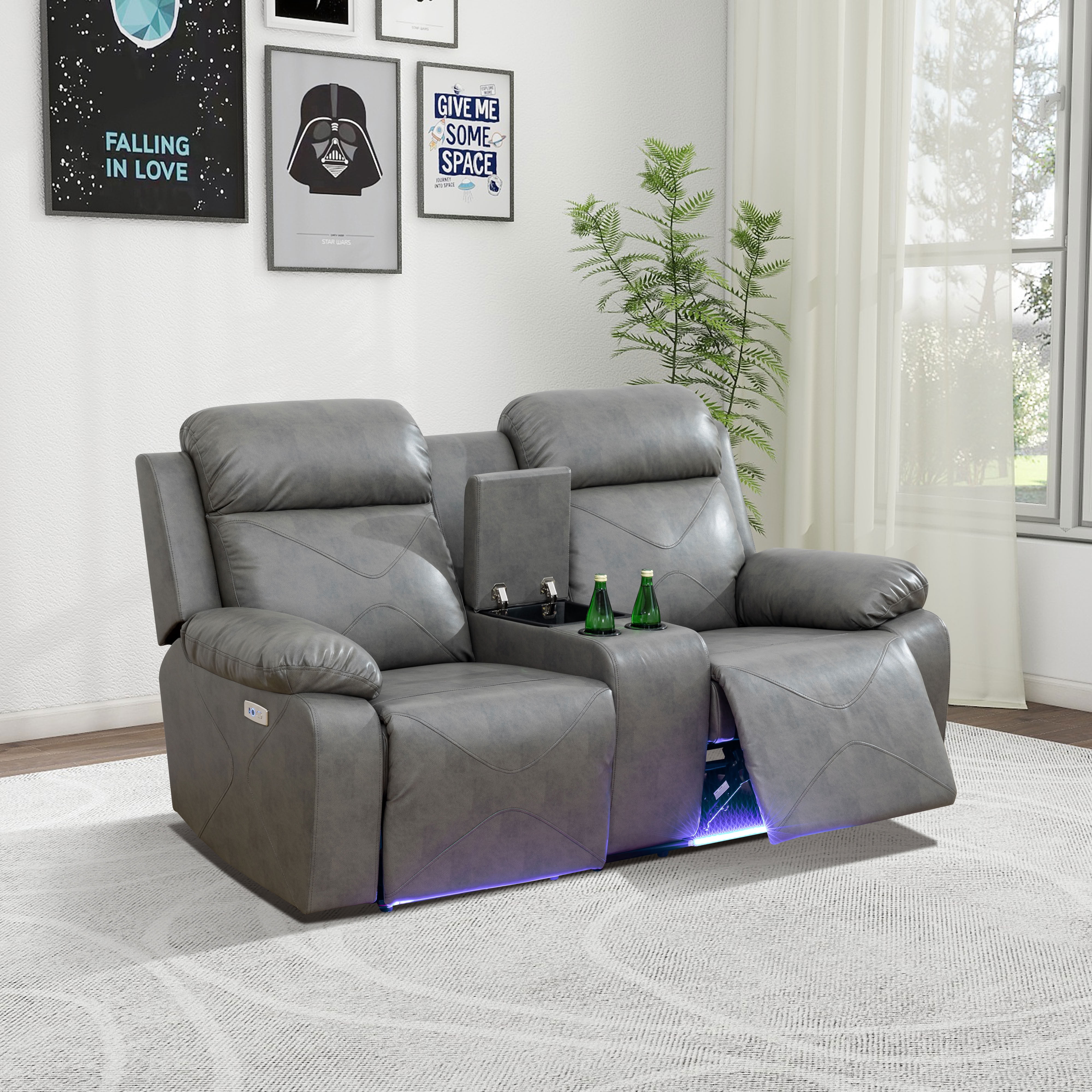 MAYEERTY 2-Seater Recliner Loveseat, Breathable Leather Loveseat Sofa with LED Lights & Storage for Apartment Living Room