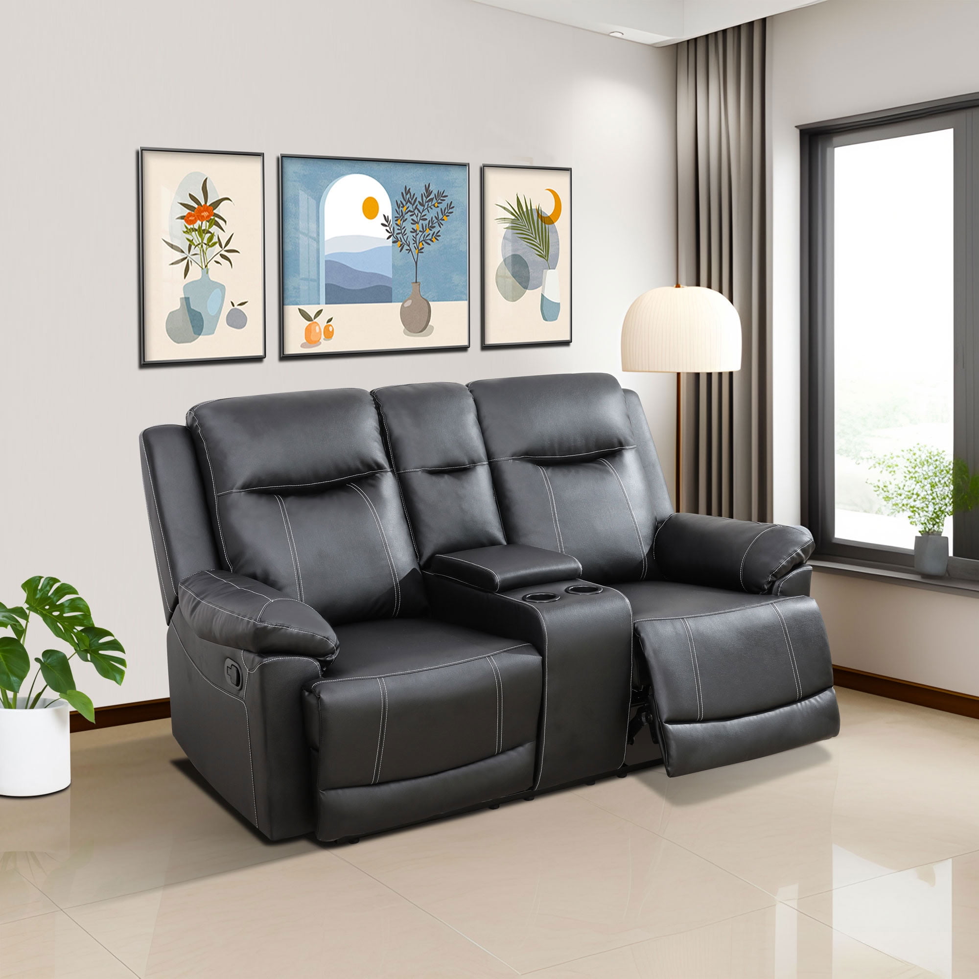 MAYEERTY 2-Seater Recliner Loveseat, Breathable Semi PU Leather Recliner Sofa with Storage for Apartment Living Room