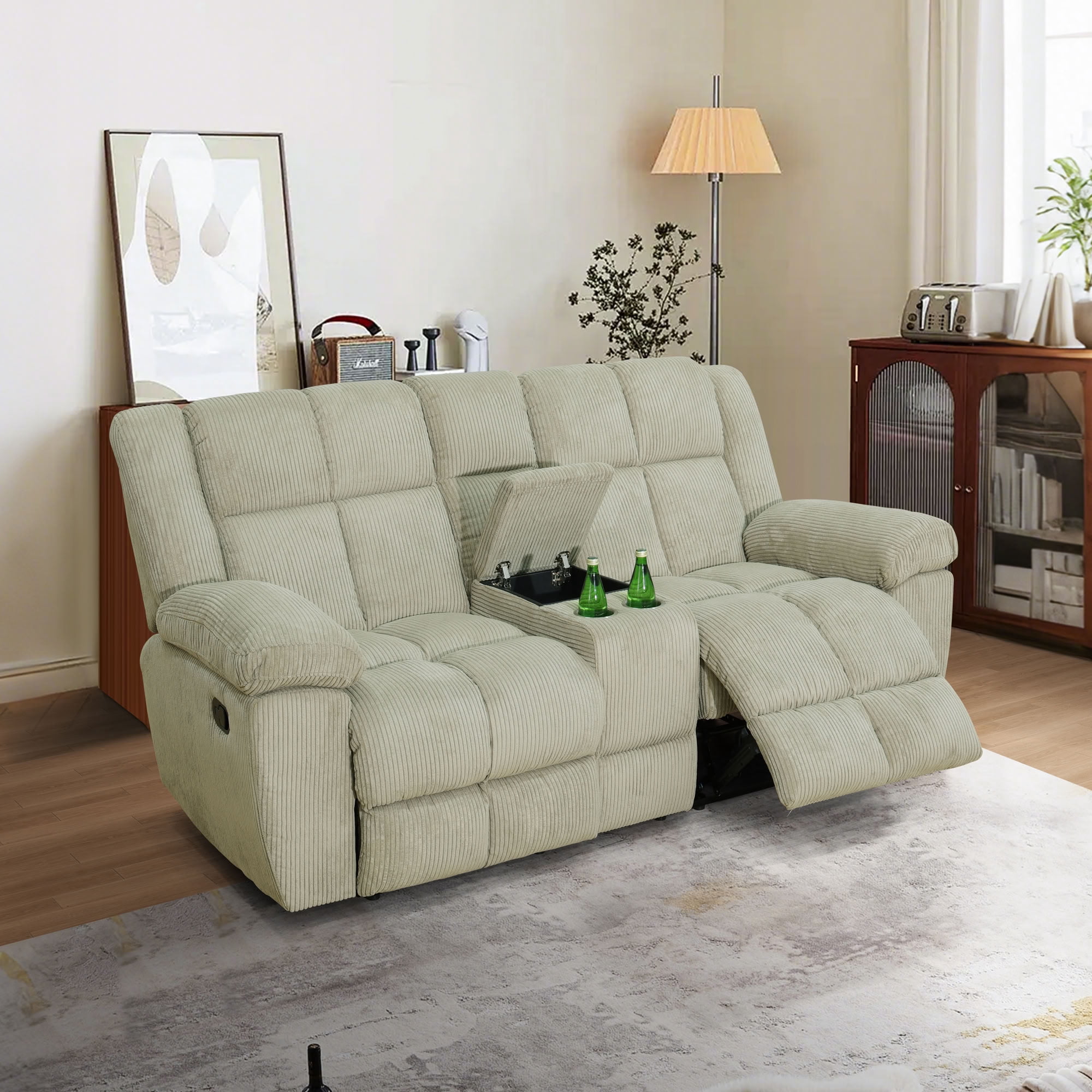 MAYEERTY 2-Seater Recliner Loveseat, Off-White Stripe Fabric Manual Reclining Loveseat with Cup Holders & Storage Groove for Living Room