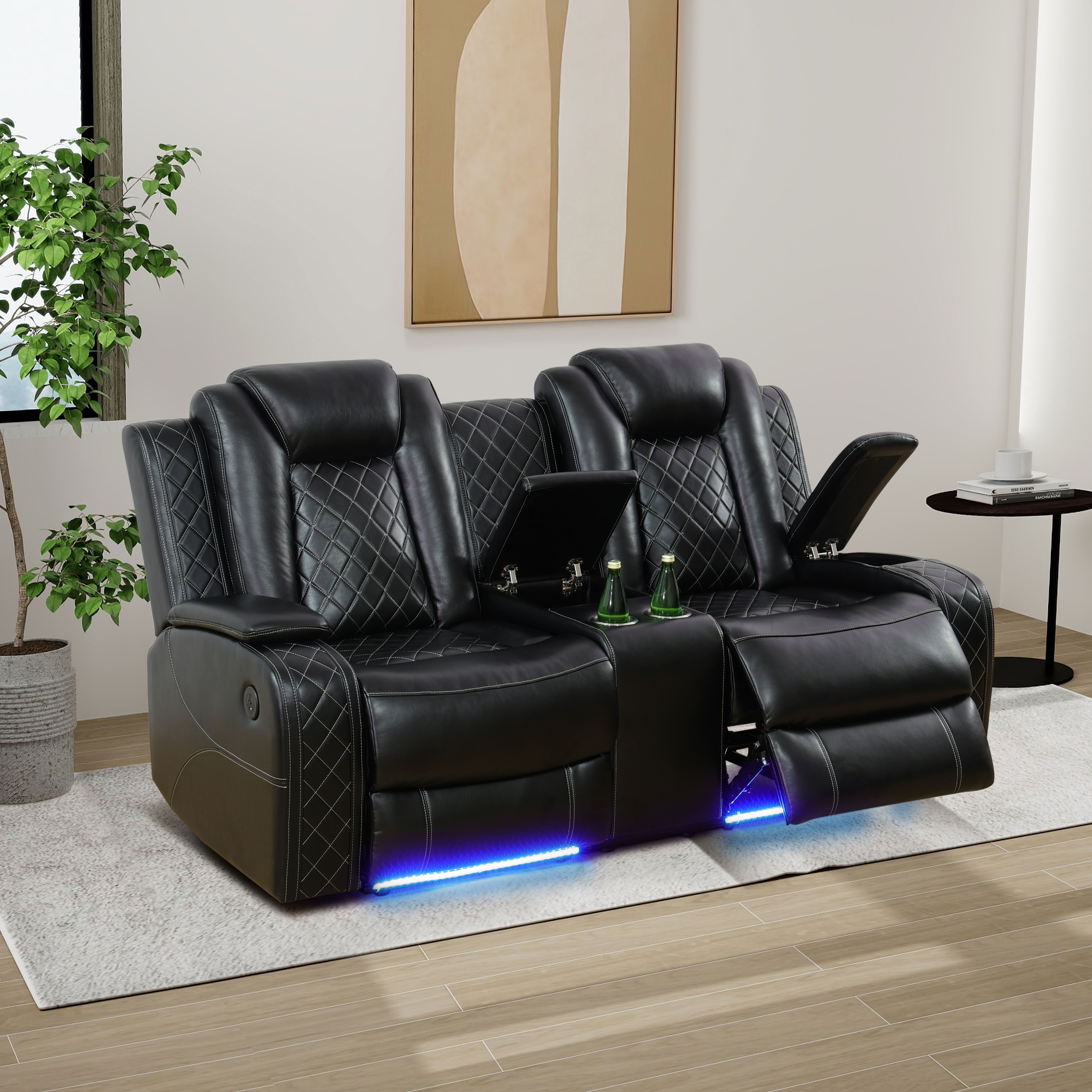 MAYEERTY 2-Seater Recliner Loveseat Sofa, Breathing Leather with Storage & Cup Holder for Couple Entertainment Zones Living Room