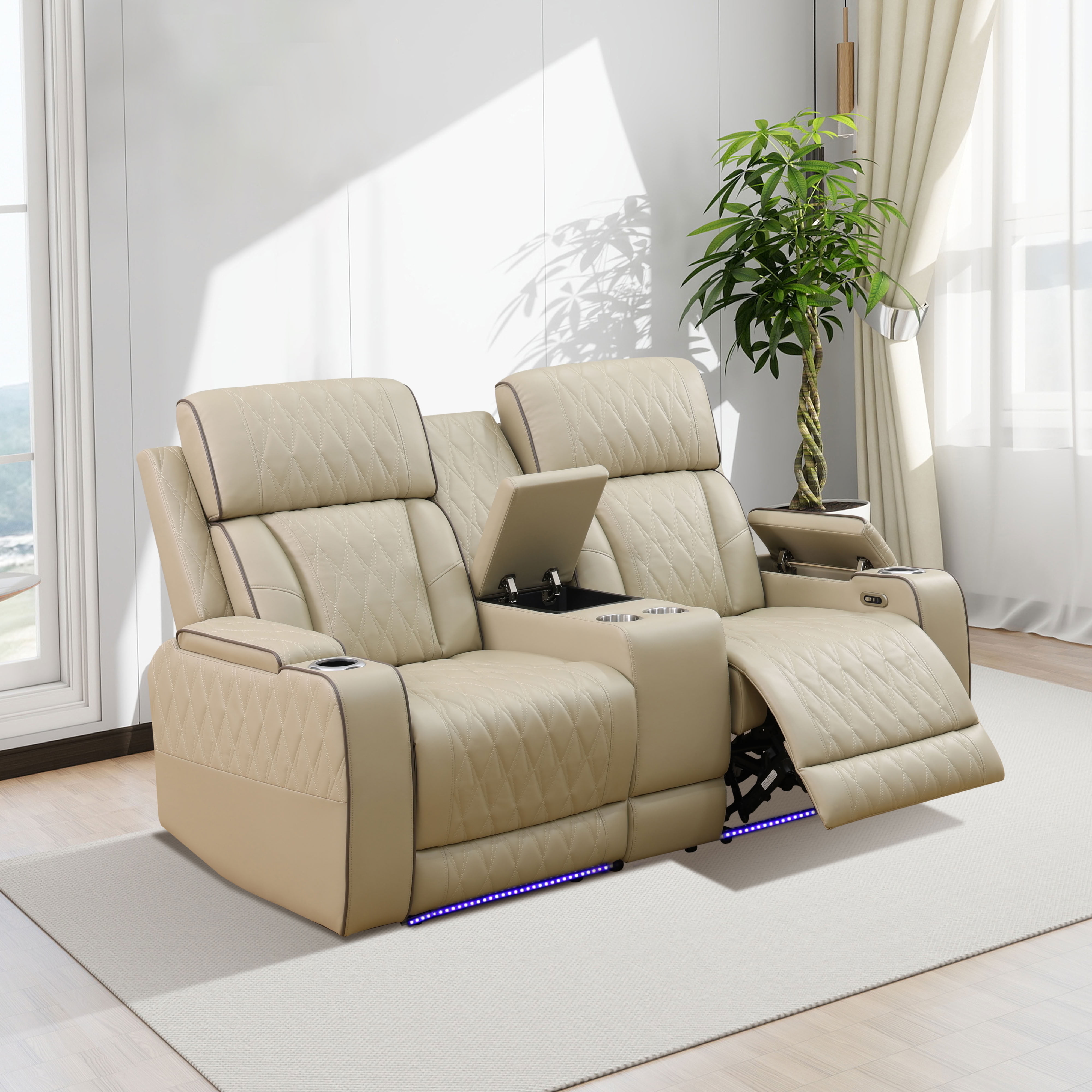 MAYEERTY 2-Seater Recliner Loveseat Sofa, Breathing Leather with Storage & Cup Holder for Living Room