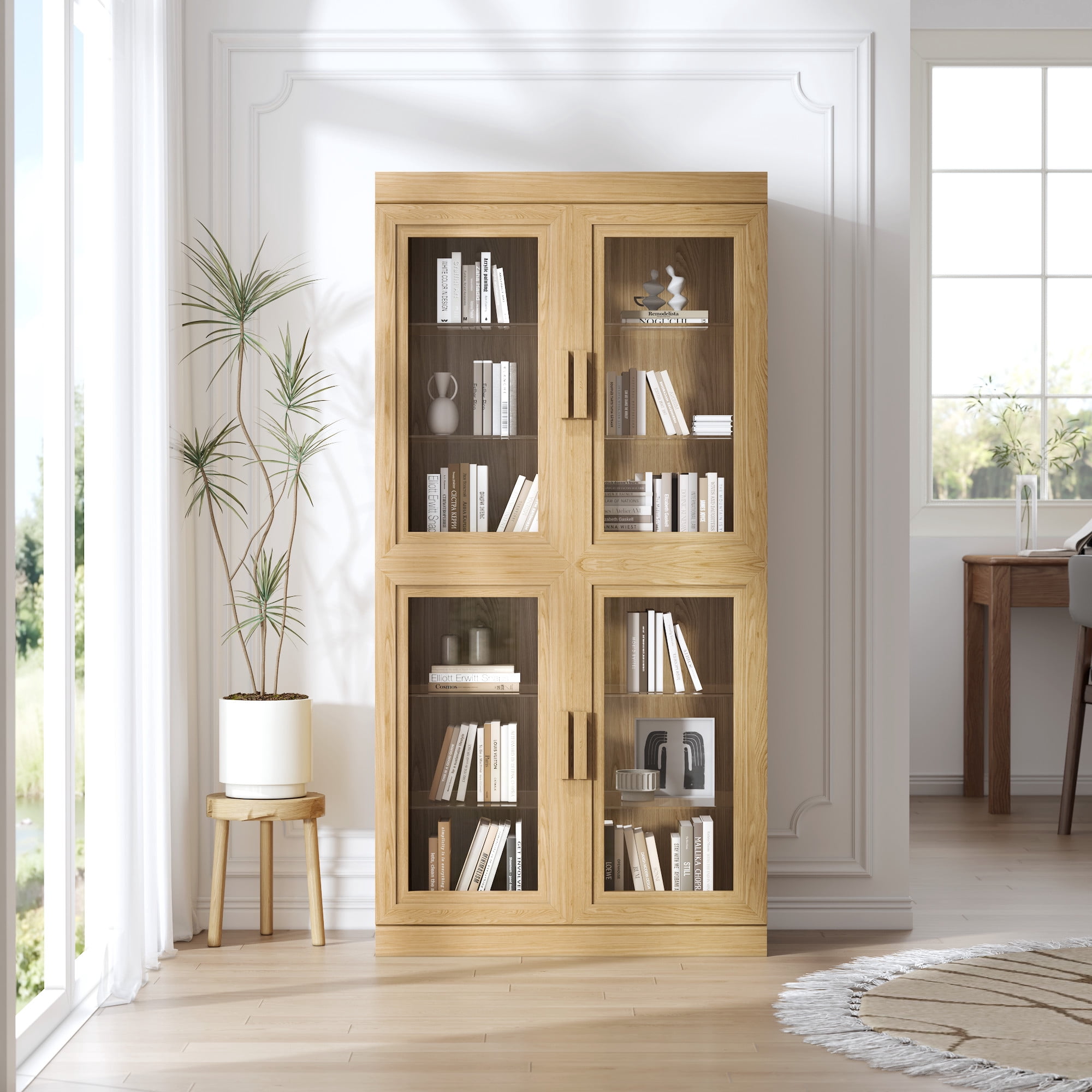 MAYEERTY 2-Set 31*31*16" Modern Natural Wood Grain Storage Cabinet with Glass Door for Living Room