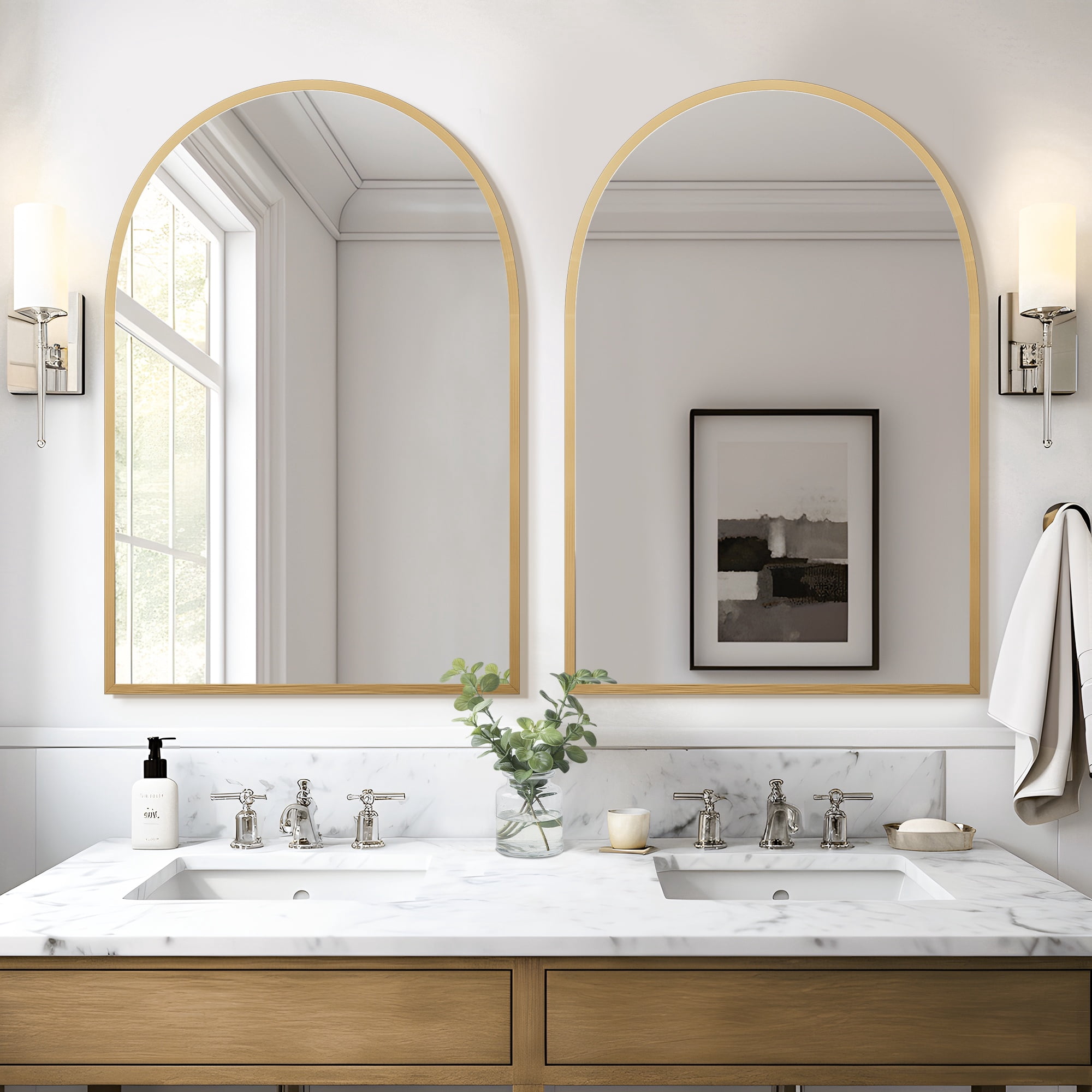 MAYEERTY 2-Set 36×24in Modern Arched Aluminum Alloy Golden Framed Hanging Mirror, Wall-Mounted for Vanity & Sink