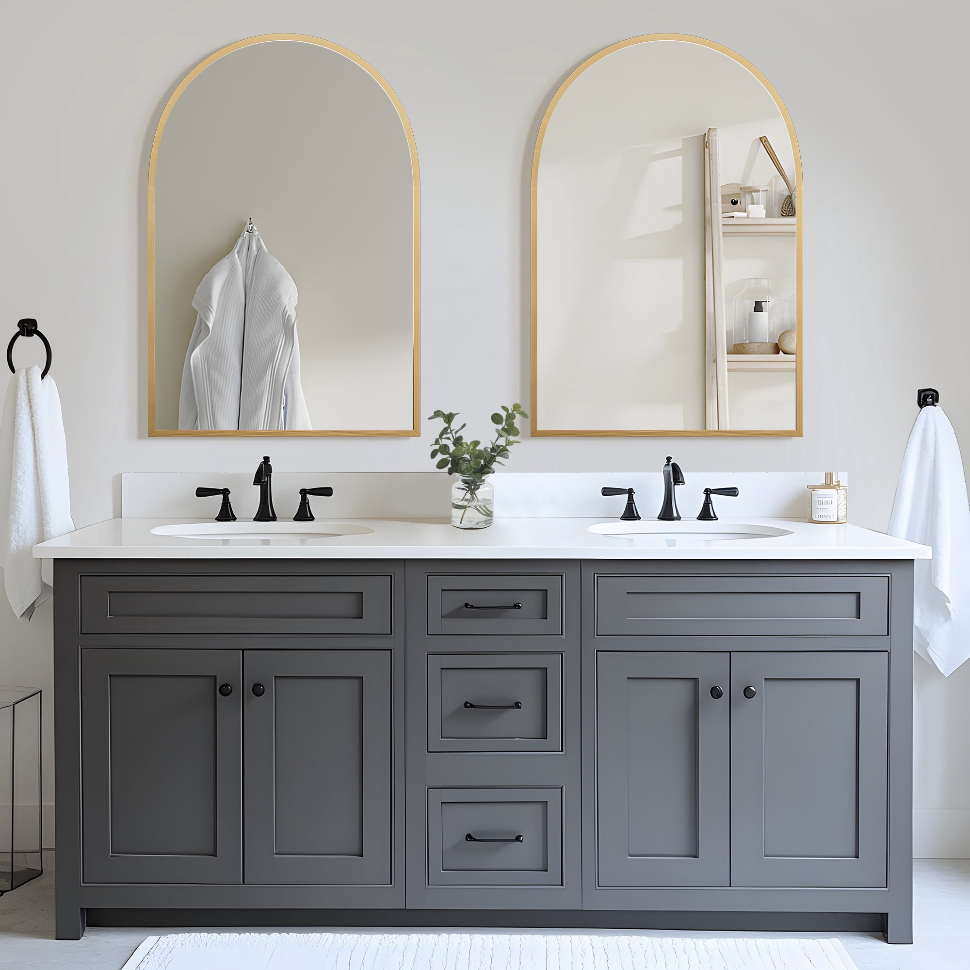 MAYEERTY 2-Set 36×24in Modern Arched Aluminum Alloy Golden Framed Hanging Mirror, Wall-Mounted for Vanity & Sink