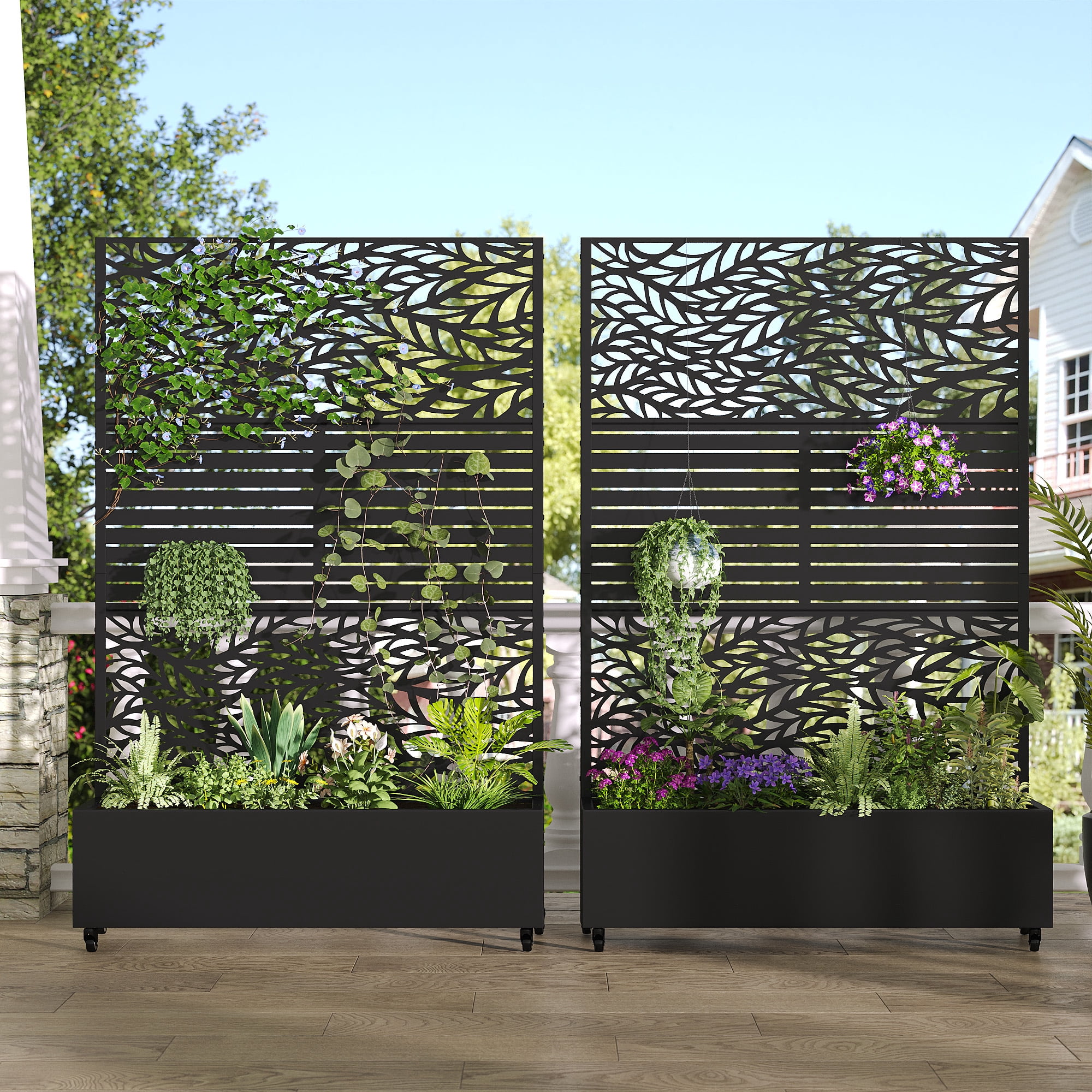 MAYEERTY 2-Set 47*16" Outdoor Black Metal Planter Box with Trellis for Climbing Plants,Leafy & Parallel Pattern
