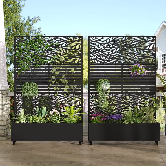 MAYEERTY 2-Set 47*16" Outdoor Black Metal Planter Box with Trellis for Climbing Plants,Leafy & Parallel Pattern