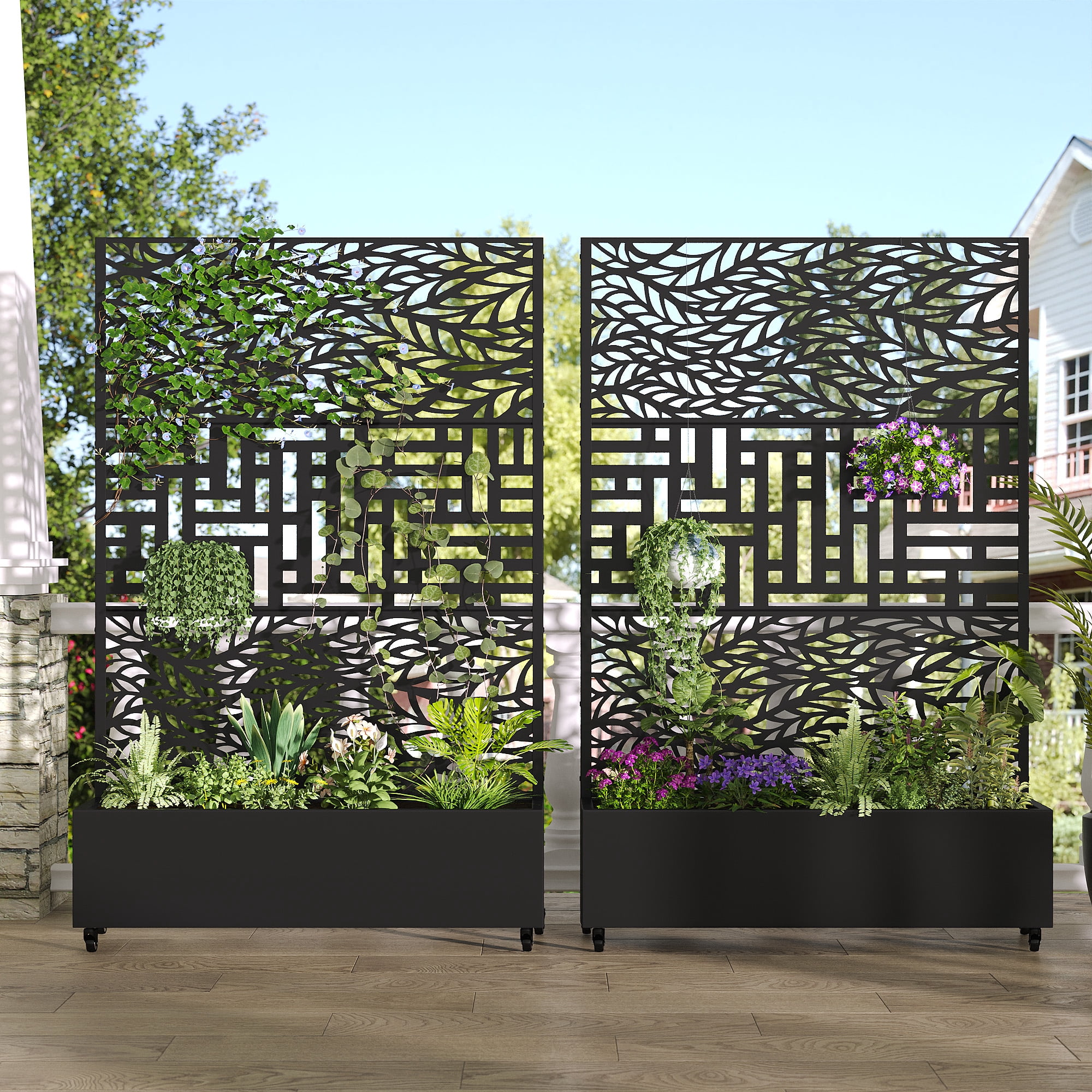 MAYEERTY 2-Set 47*16" Outdoor Black Metal Planter Box with Trellis for Climbing Plants,Leafy & Street Pattern