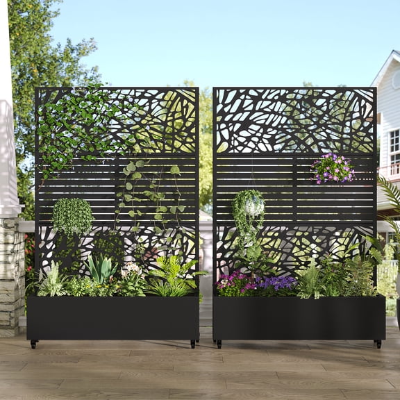 MAYEERTY 2-Set 47*16" Outdoor Black Metal Planter Box with Trellis for Climbing Plants,Vine & Parallel Pattern