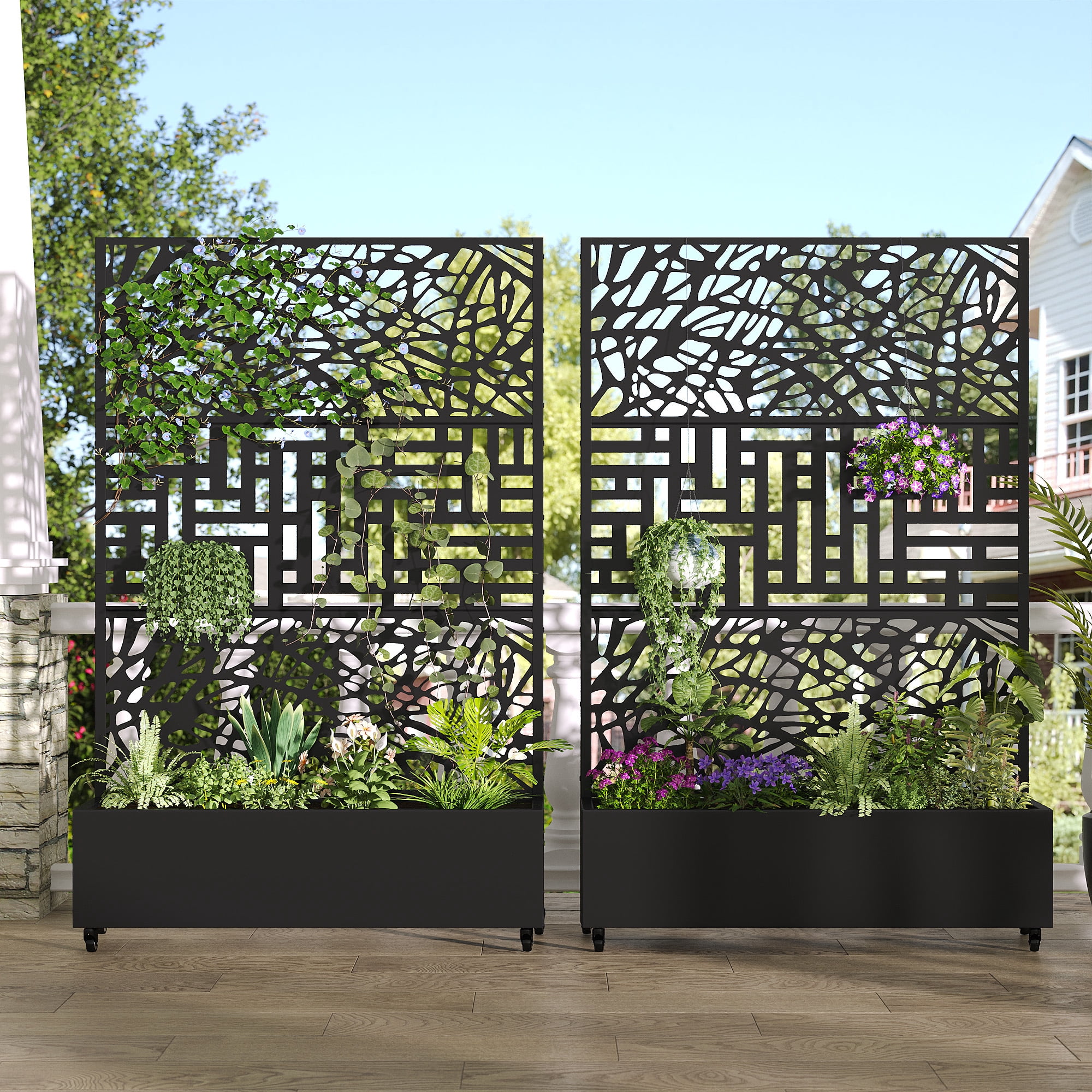 MAYEERTY 2-Set 47*16" Outdoor Black Metal Planter Box with Trellis for Climbing Plants,Vine & Street Pattern