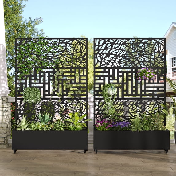 MAYEERTY 2-Set 47*16" Outdoor Black Metal Planter Box with Trellis for Climbing Plants,Vine & Street Pattern