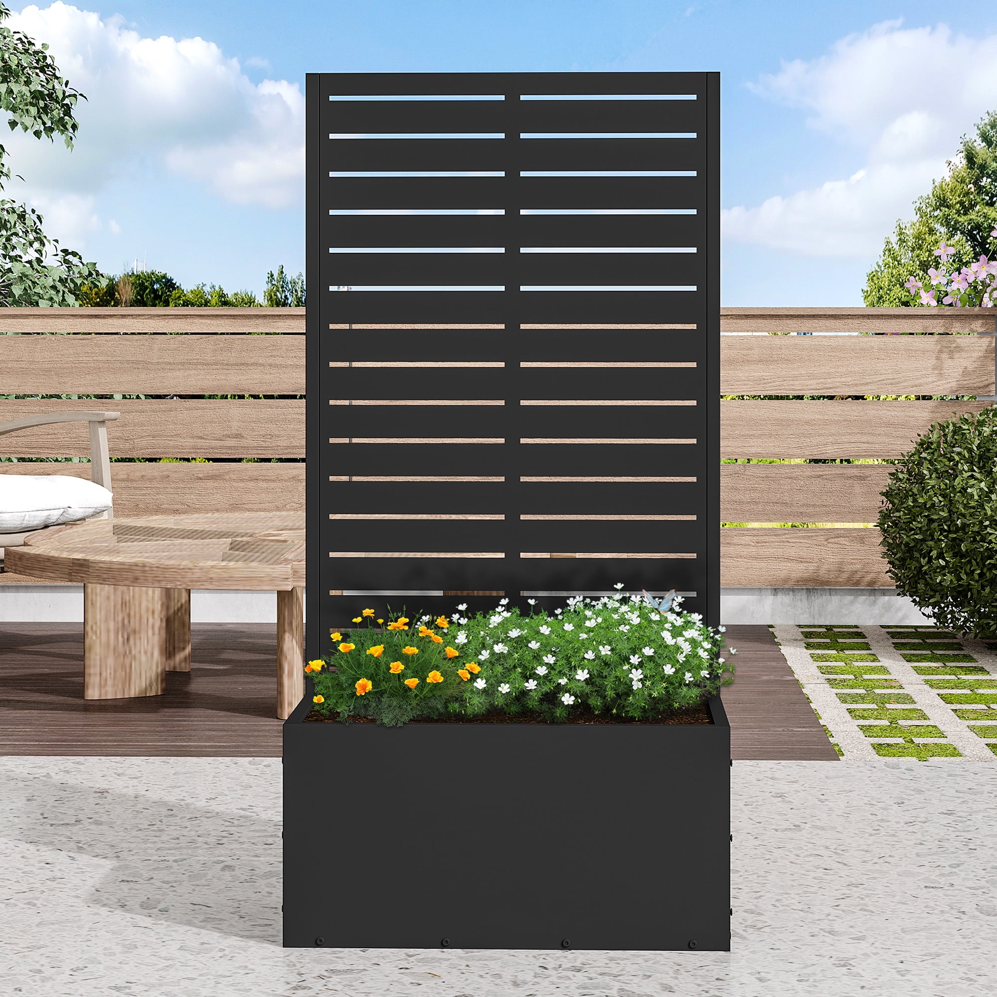 MAYEERTY 2-Set 47*24" Outdoor Black Metal Planter Box with Trellis for Climbing Plants, Louvered Panel