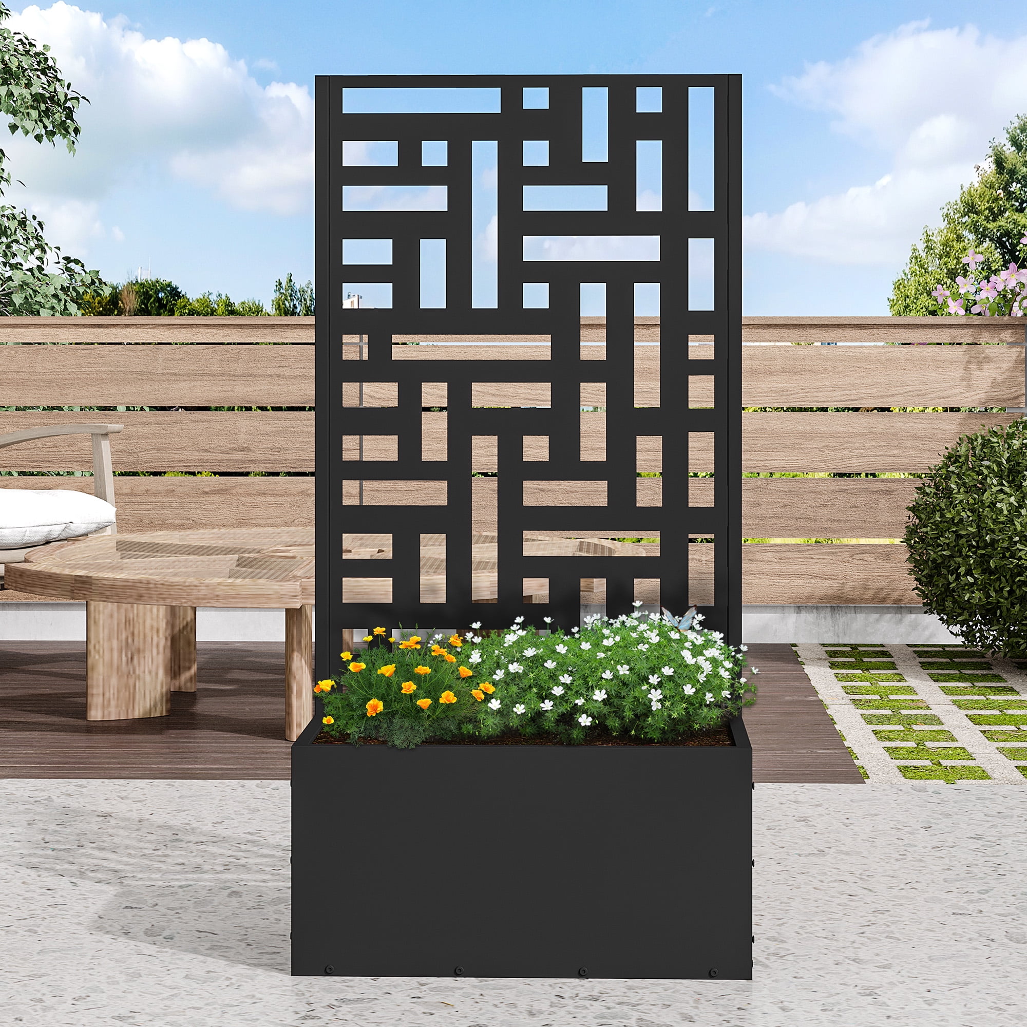MAYEERTY 2-Set 47*24" Outdoor Black Metal Planter Box with Trellis for Climbing Plants, Street Pattern Panel