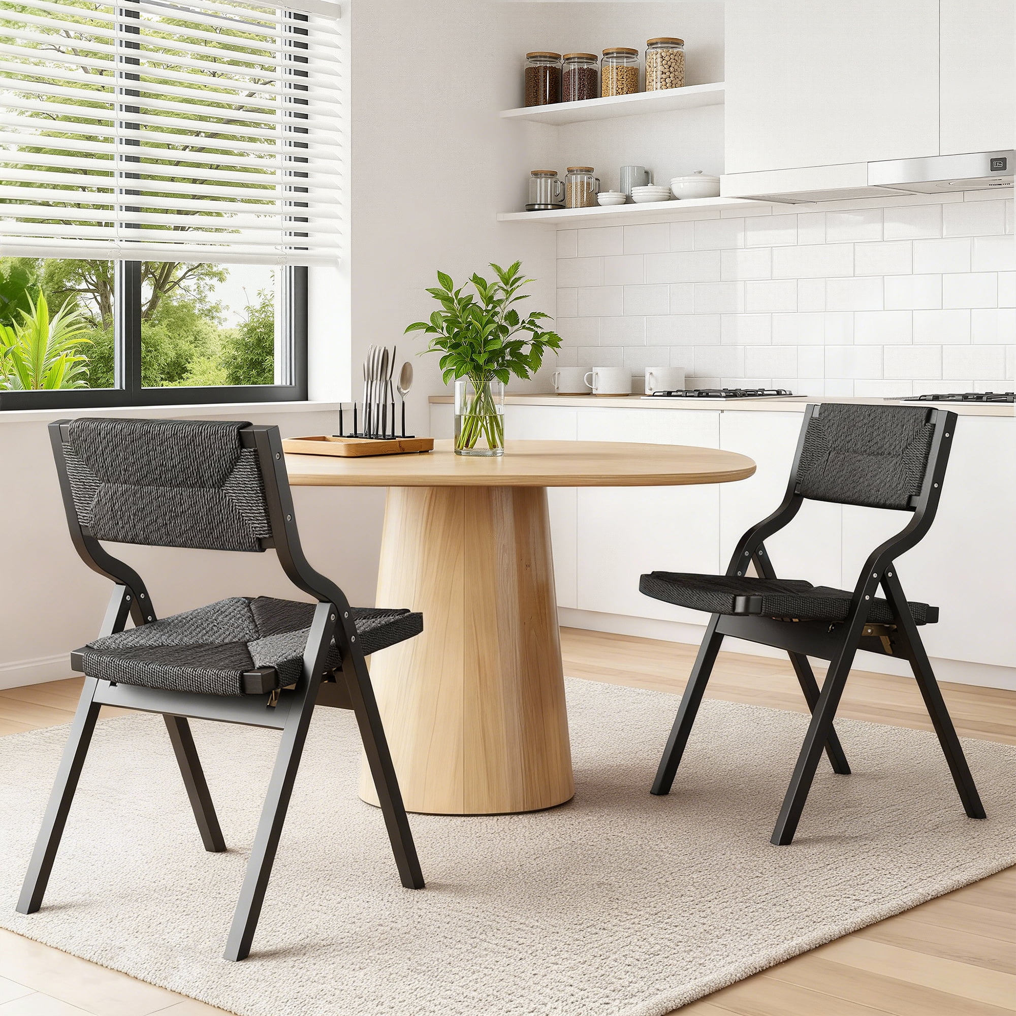 MAYEERTY 2-Set Wood Foldable & Stackable Dining Chairs for Dining Room, Woven Seat & Back, Black