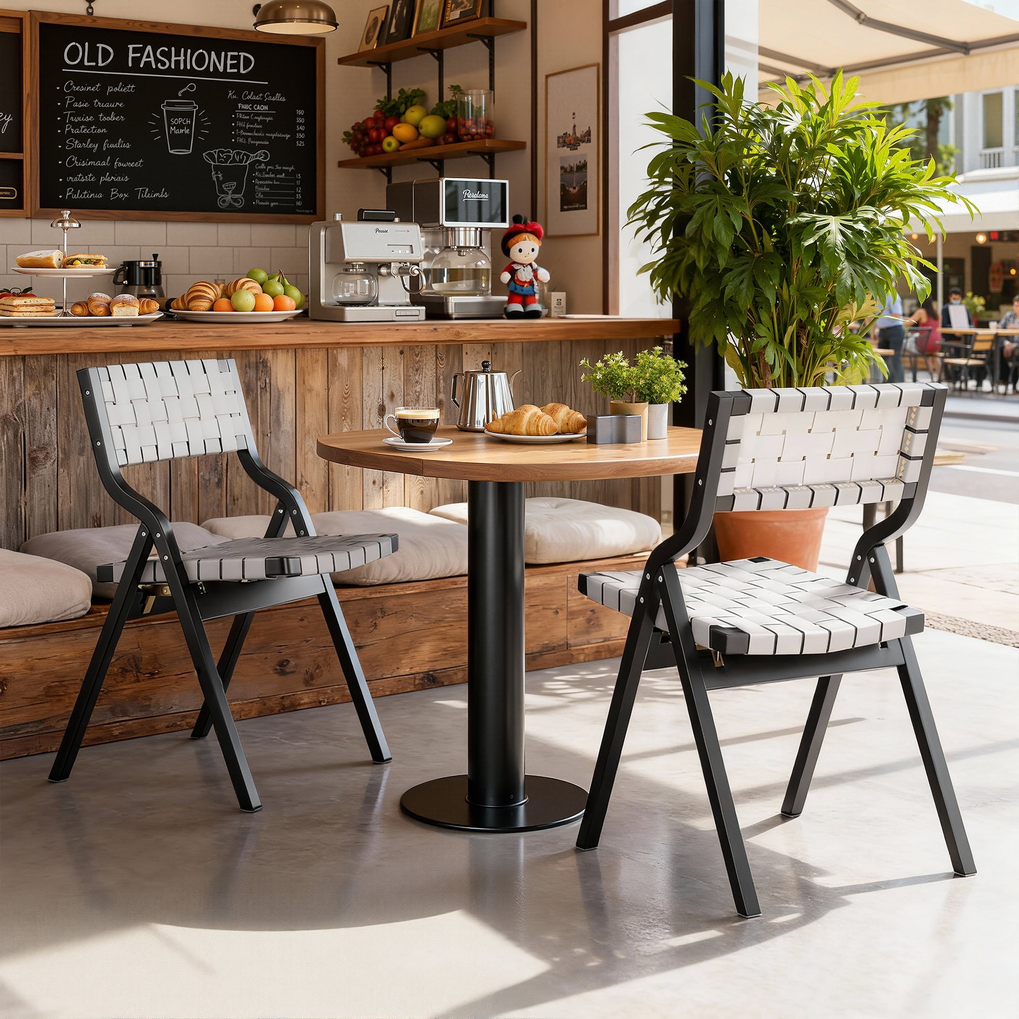 MAYEERTY 2-Set Wood Foldable & Stackable Dining Chairs for Dining Room, Woven Seat & Back, Light Grey - Black