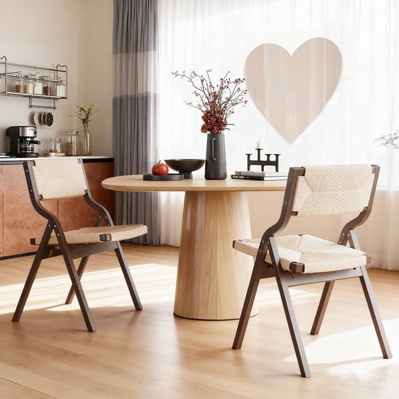 MAYEERTY 2-Set Wood Foldable & Stackable Dining Chairs for Dining Room,Woven Seat & Back, Light Walnut - Natural