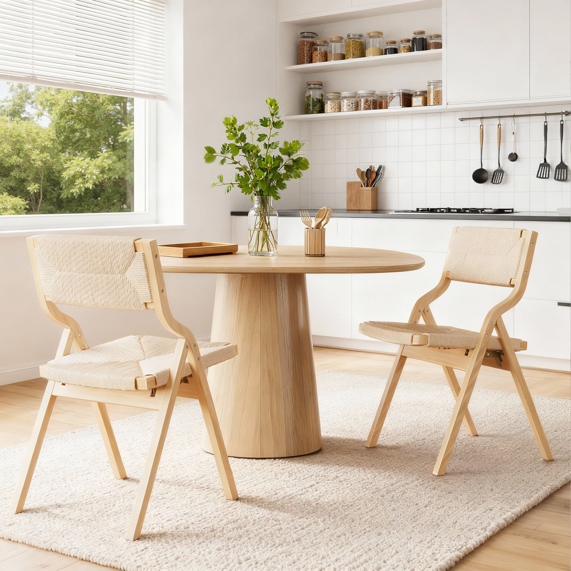 MAYEERTY 2-Set Wood Foldable & Stackable Dining Chairs for Dining Room, Woven Seat & Back, Natural