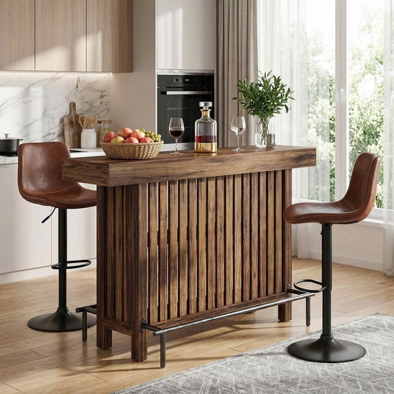 MAYEERTY 2-Tier Modern Home Bar Table, Brown & Matte Gray Cement Texture Storage Bar Unit with Guardrails & Adjustable Foot Pads