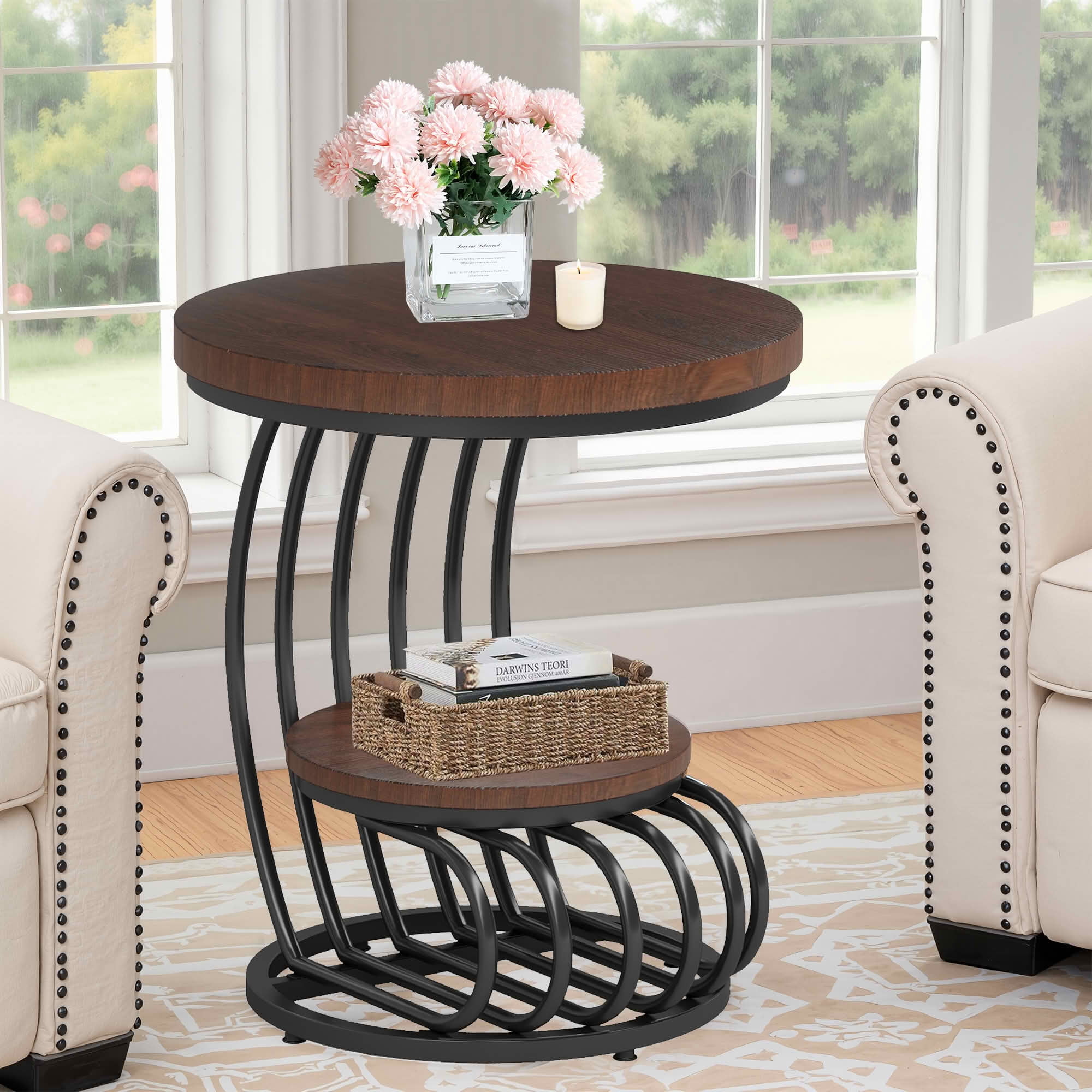 MAYEERTY 2-Tier Round End Side Table, White Faux Marble Top Gold Metal Frame Storage Nightstand for Bedroom Living Room