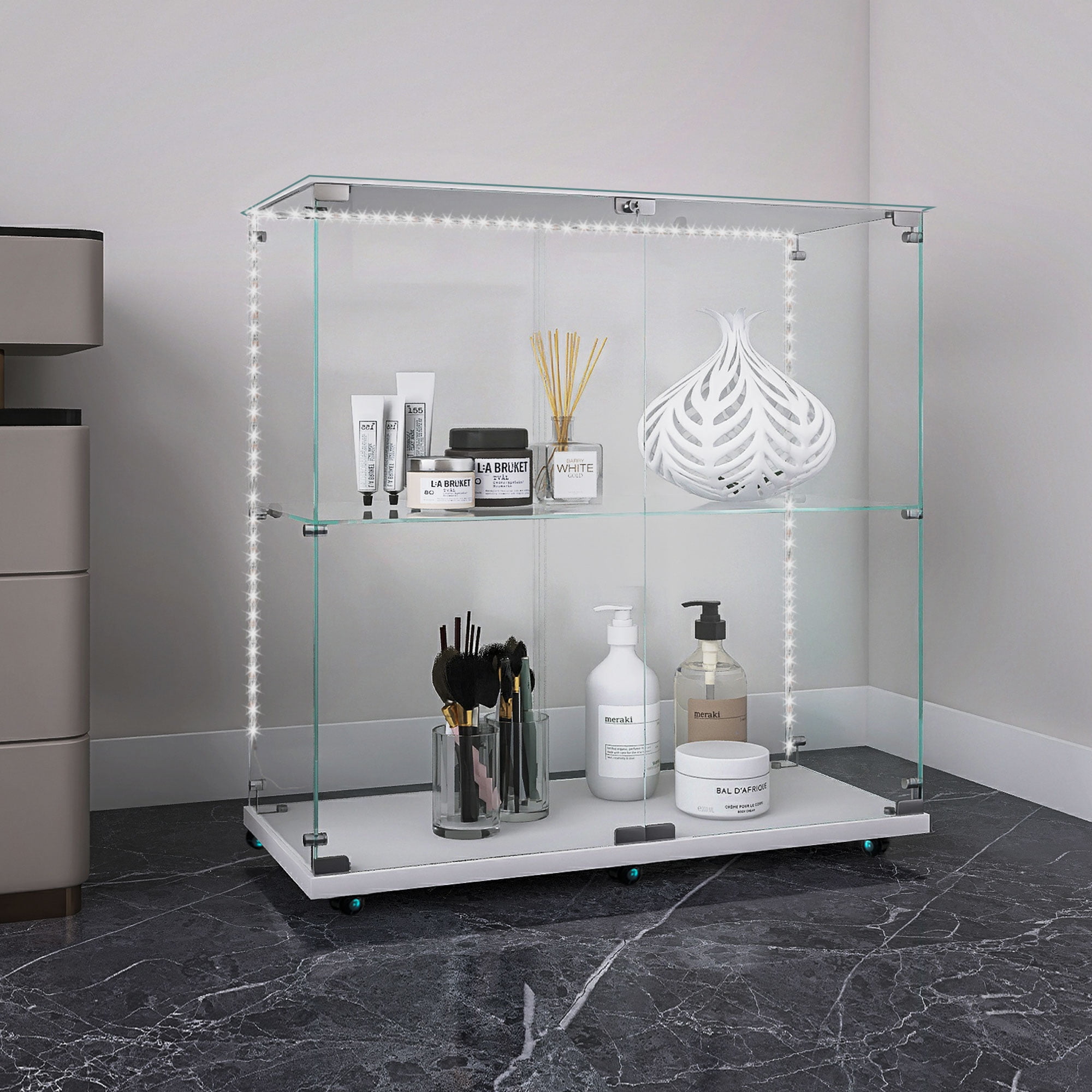 MAYEERTY 2 Tiers Glass Display Cabinet with Bluetooth LED Light Strip, Curio Storage Cabinet with 2 Door Wheels and Lock, Tempered Glass Top, White