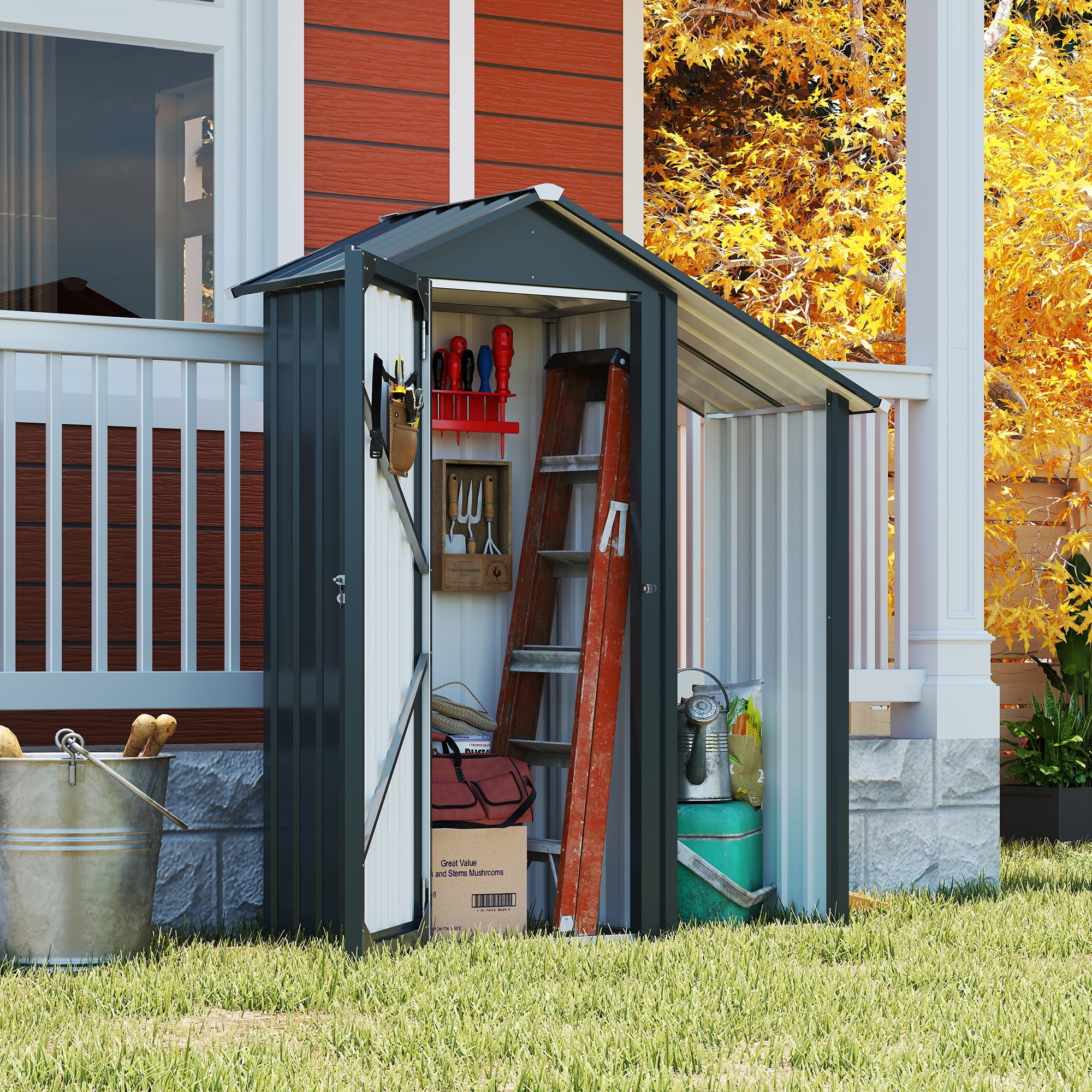 MAYEERTY 2-in-1 Compact Outdoor Storage Shed, Metal Tool Cabinet with Lockable Door & Open Firewood Rack, for Backyard, Patio & Garden