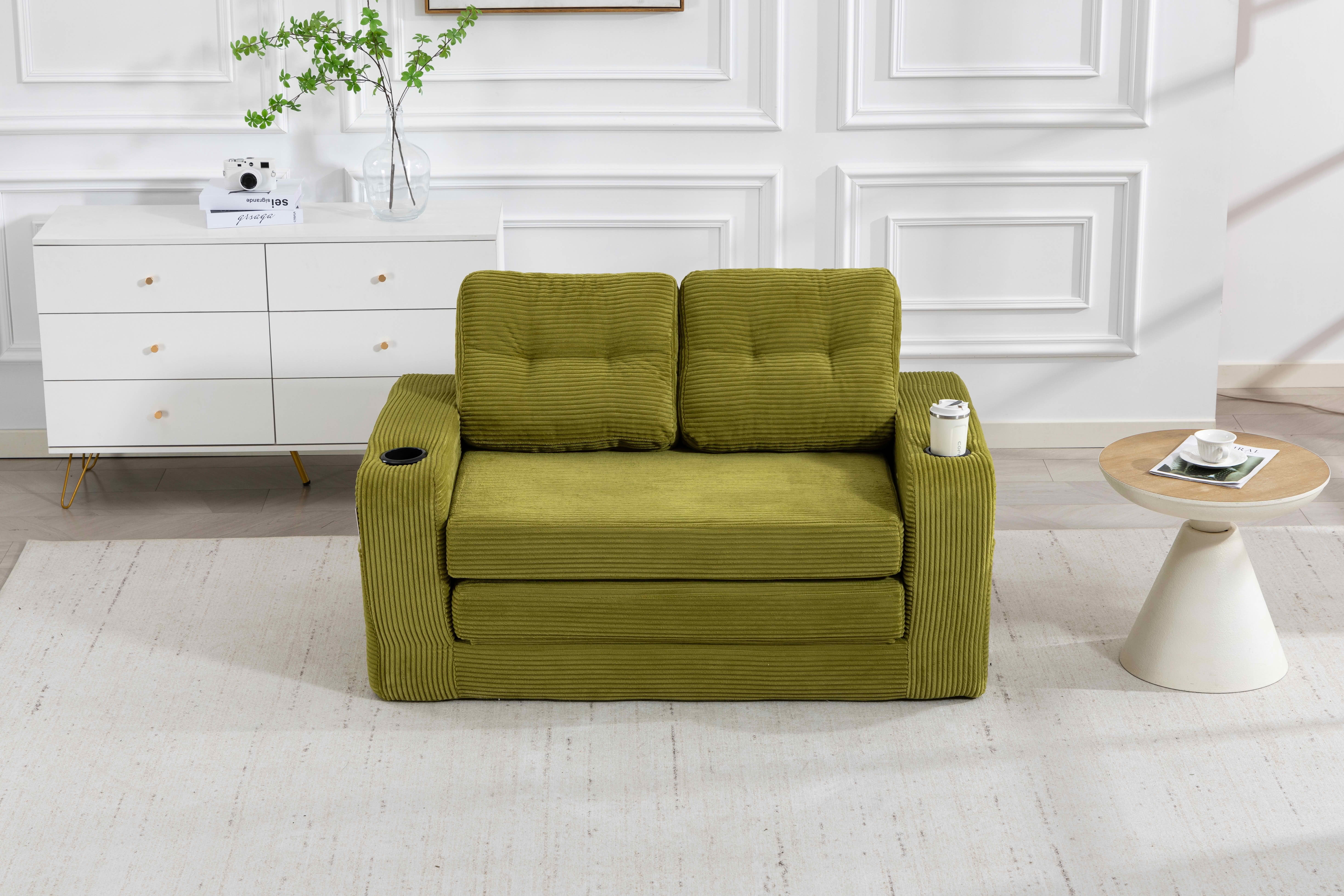 MAYEERTY 2-in-1 Convertible Expandable Sofa Bed, Fold Out Corduroy Floor Couch with Pillows, Side Pockets & Cup Holders for Bedroom Small Living Room