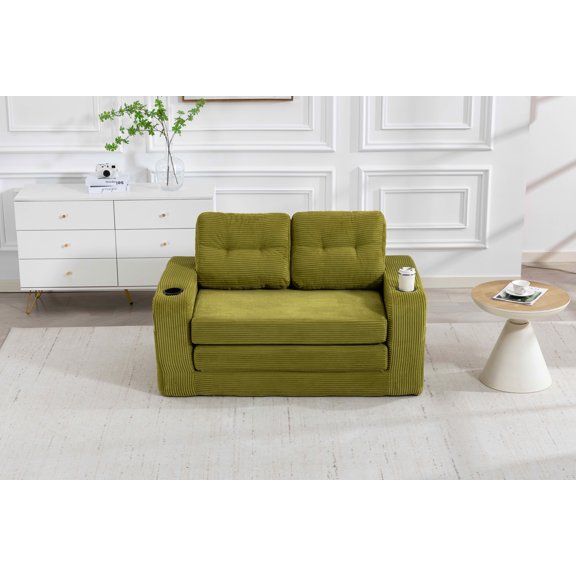 MAYEERTY 2-in-1 Convertible Expandable Sofa Bed, Fold Out Corduroy Floor Couch with Pillows, Side Pockets & Cup Holders for Bedroom Small Living Room