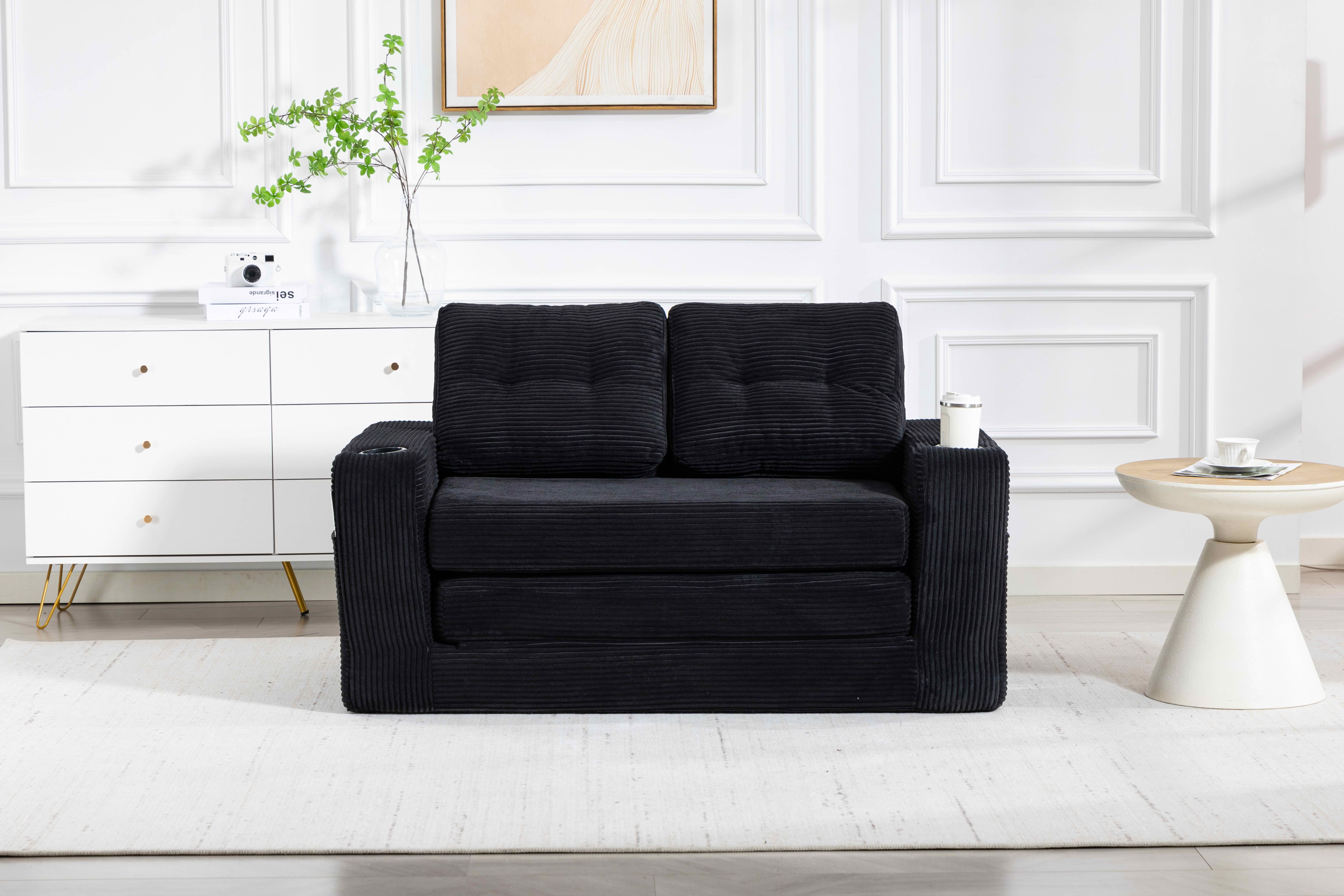 MAYEERTY 2-in-1 Convertible Expandable Sofa Bed, Fold Out Corduroy Floor Couch with Pillows, Side Pockets & Cup Holders for Bedroom Small Living Room
