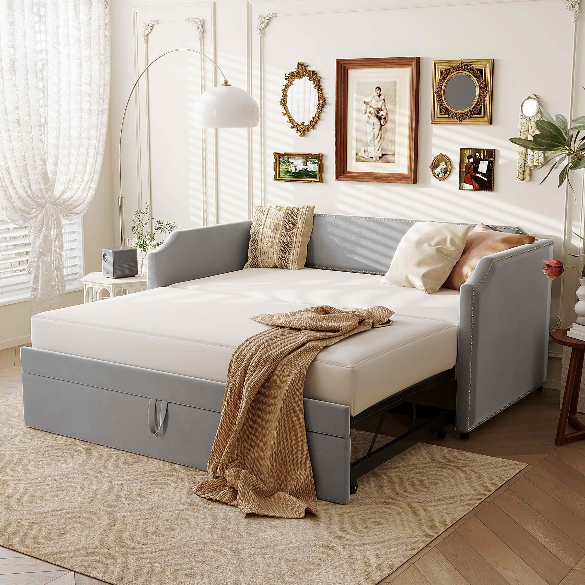 MAYEERTY 2-in-1 Velvet Upholstered Daybed with Pop-Up Trundle, Twin Size Space-Saving Guest Bed