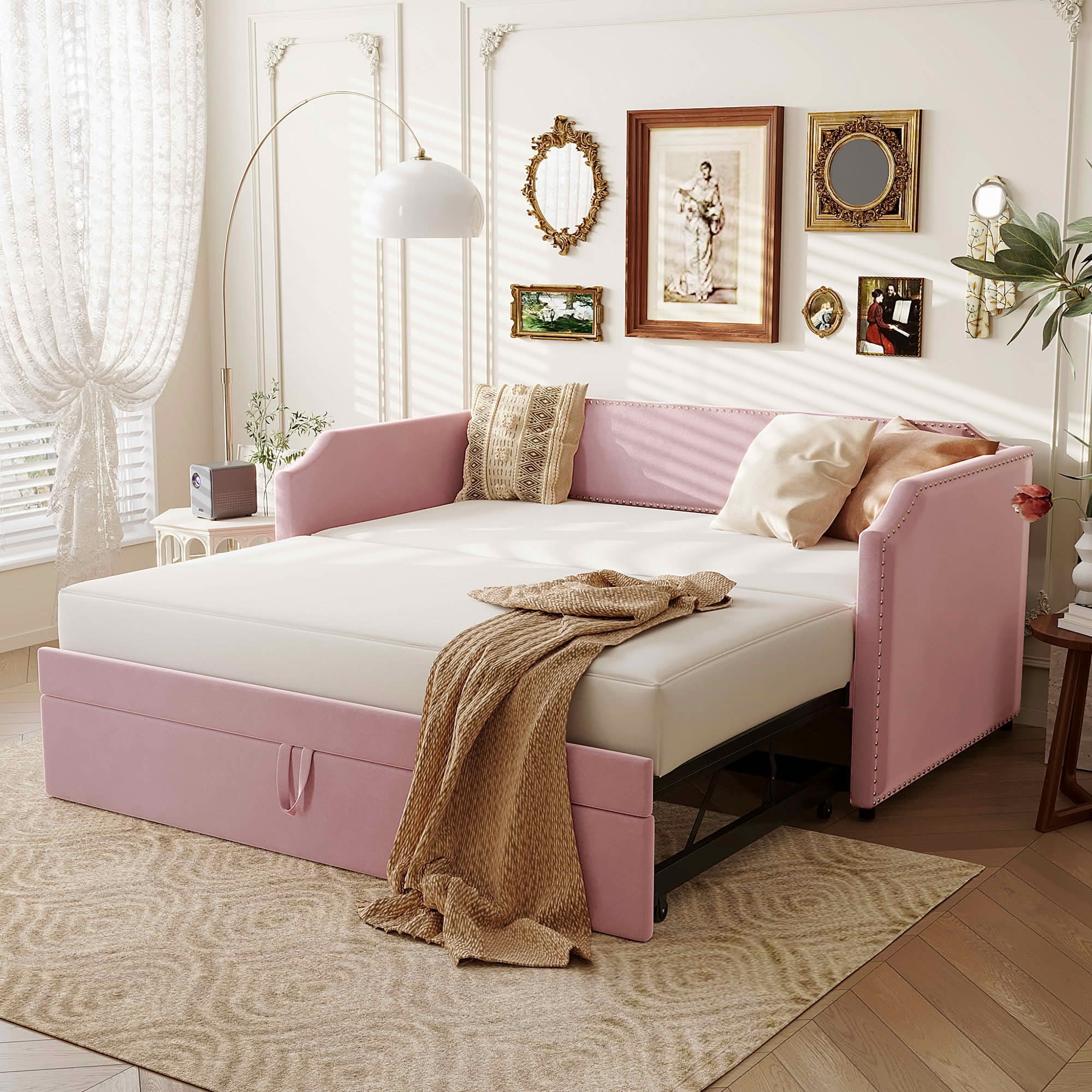 MAYEERTY 2-in-1 Velvet Upholstered Daybed with Pop-Up Trundle, Twin Size Space-Saving Guest Bed