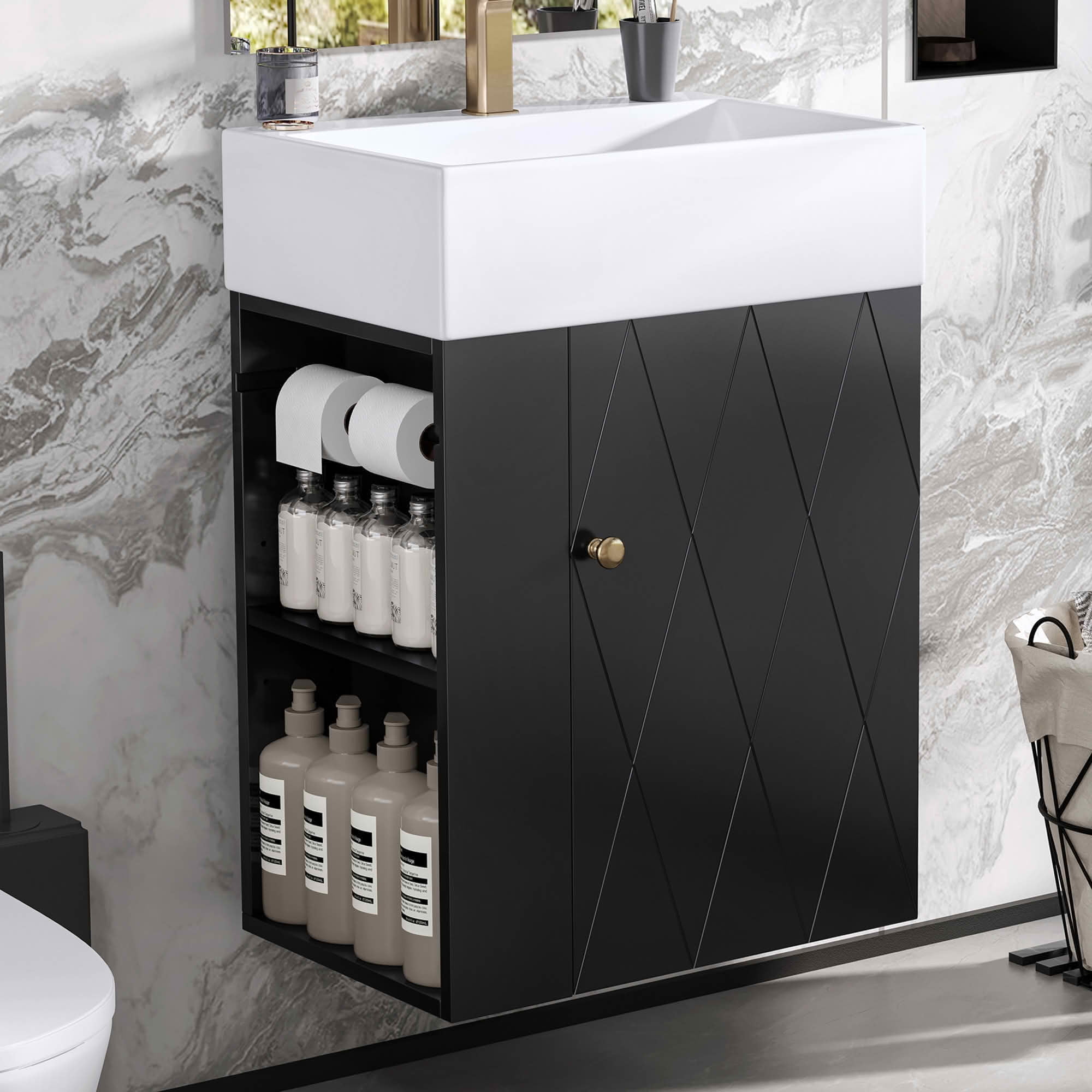 MAYEERTY 20" Bathroom Vanity Ceramic Sink Diamond Door Gold Handle Side Shelves Towel Bar MDF