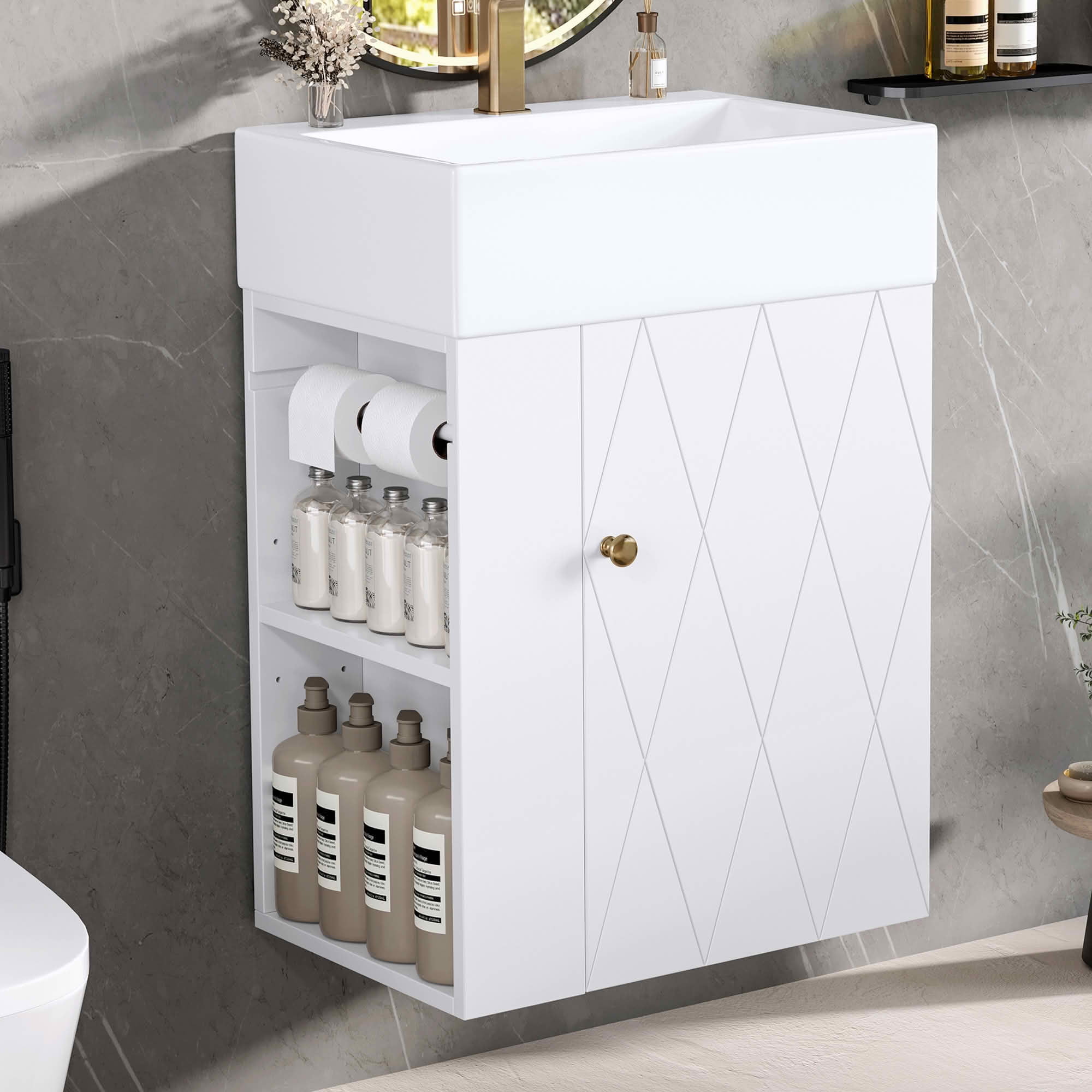 MAYEERTY 20" Bathroom Vanity Ceramic Sink Diamond Door Gold Handle Side Shelves Towel Bar MDF