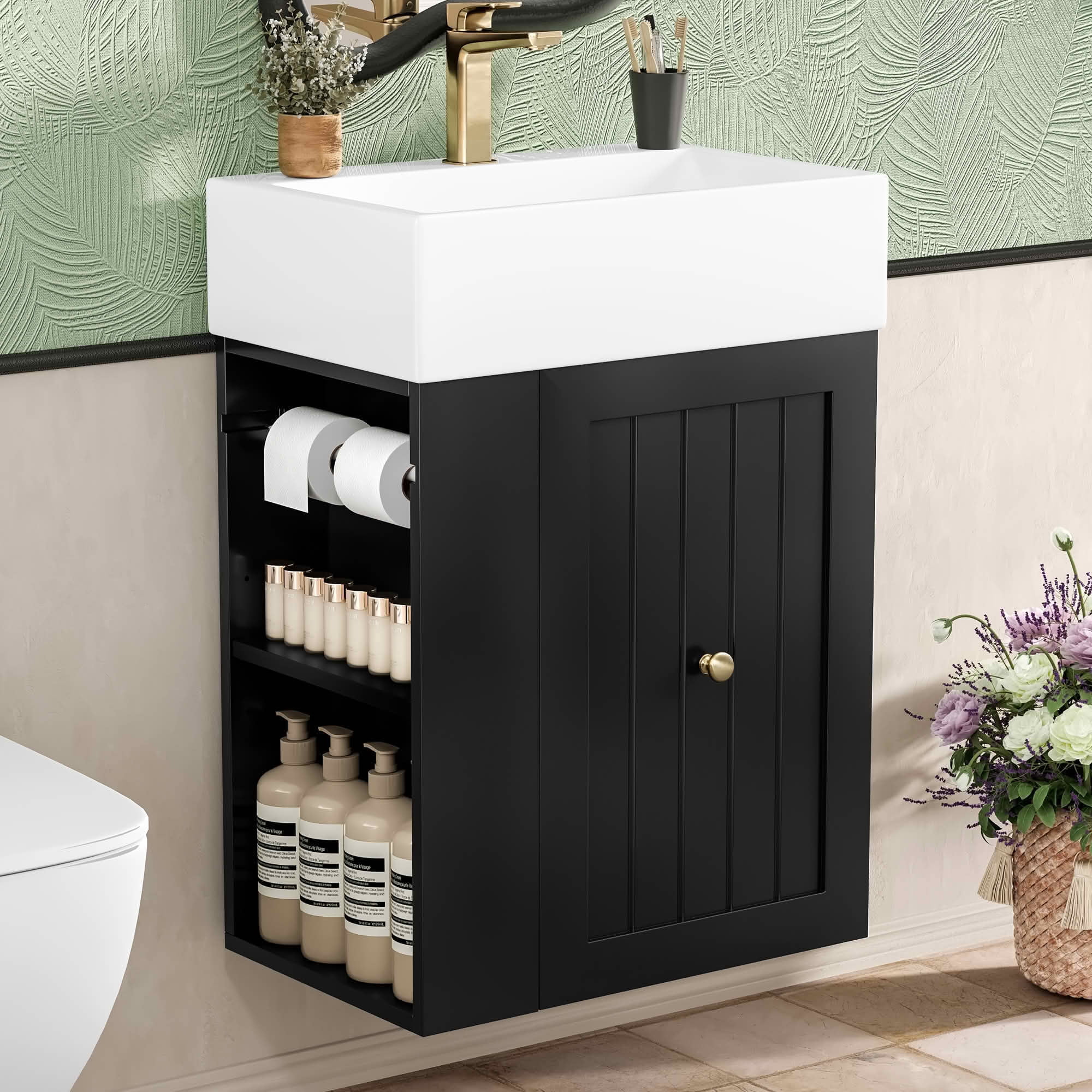 MAYEERTY 20" Bathroom Vanity Ceramic Sink MDF Storage Drawer Side Shelf Golden Handle Small Bathroom