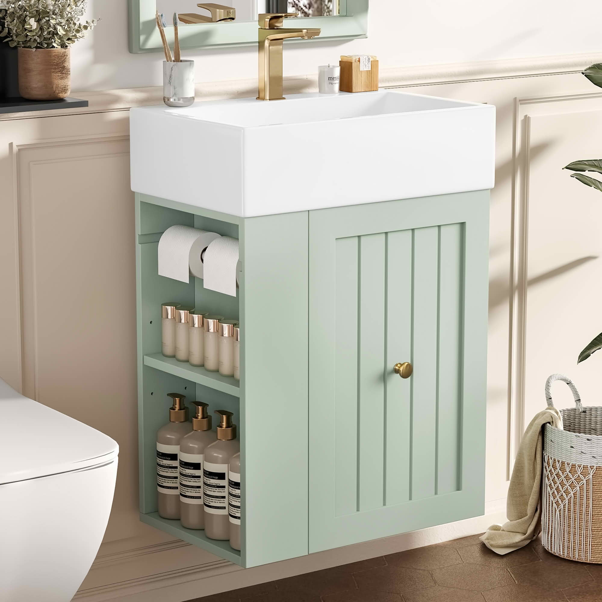 MAYEERTY 20" Bathroom Vanity Ceramic Sink MDF Storage Drawer Side Shelf Golden Handle Small Bathroom