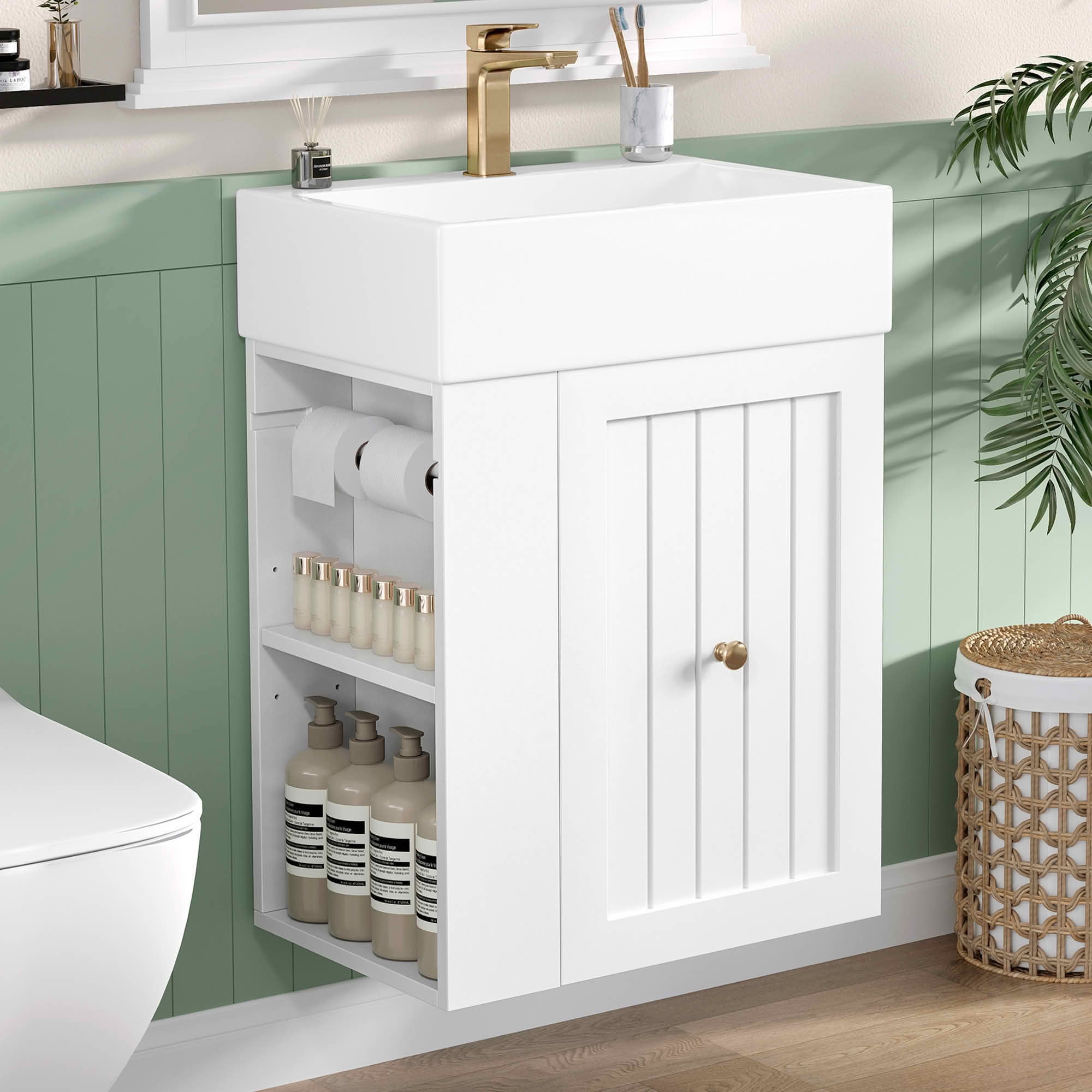 MAYEERTY 20" Bathroom Vanity Ceramic Sink MDF Storage Drawer Side Shelf Golden Handle Small Bathroom