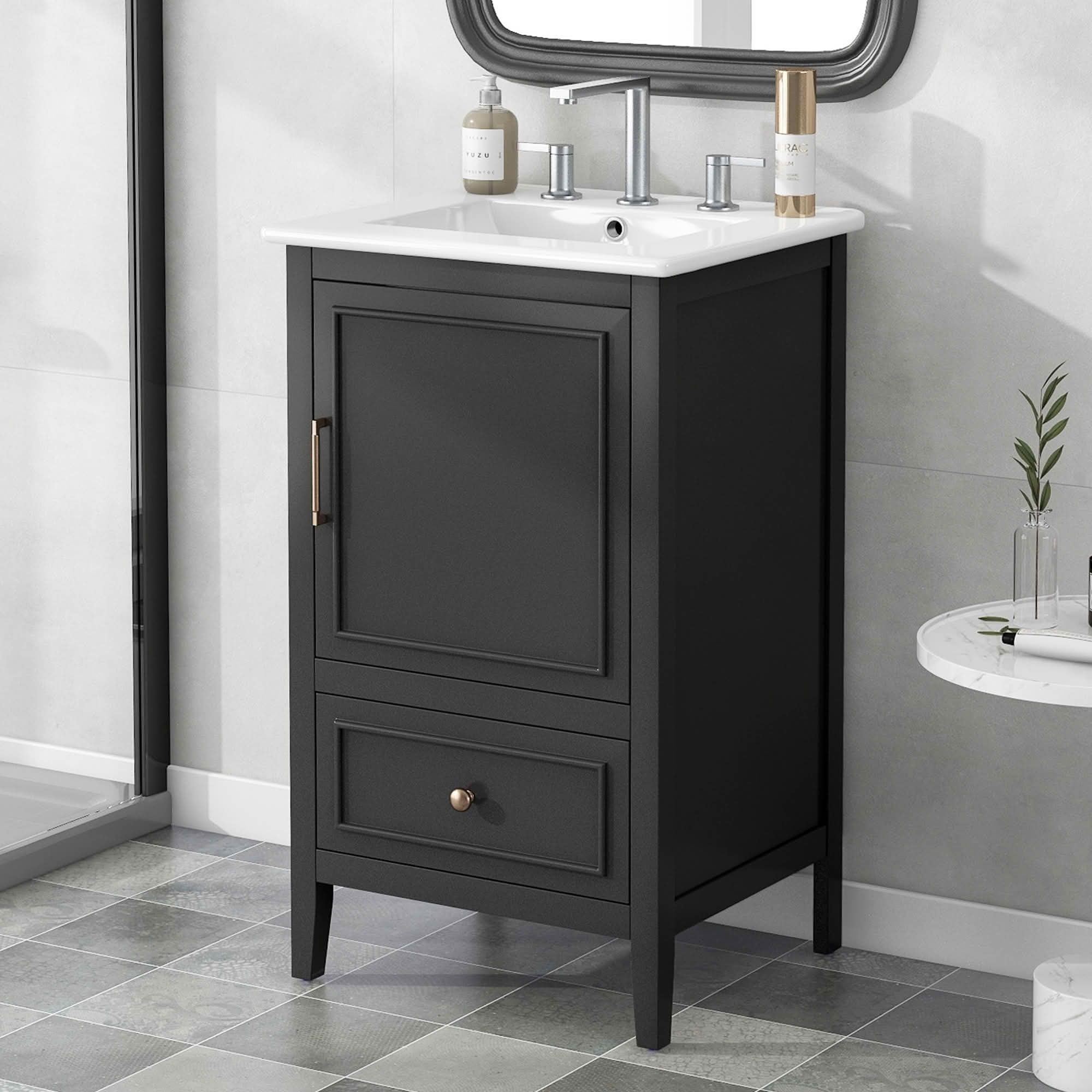 MAYEERTY 20" Bathroom Vanity with Sink 1 Door Shelf Adjustable Foot Pads Drawer Black