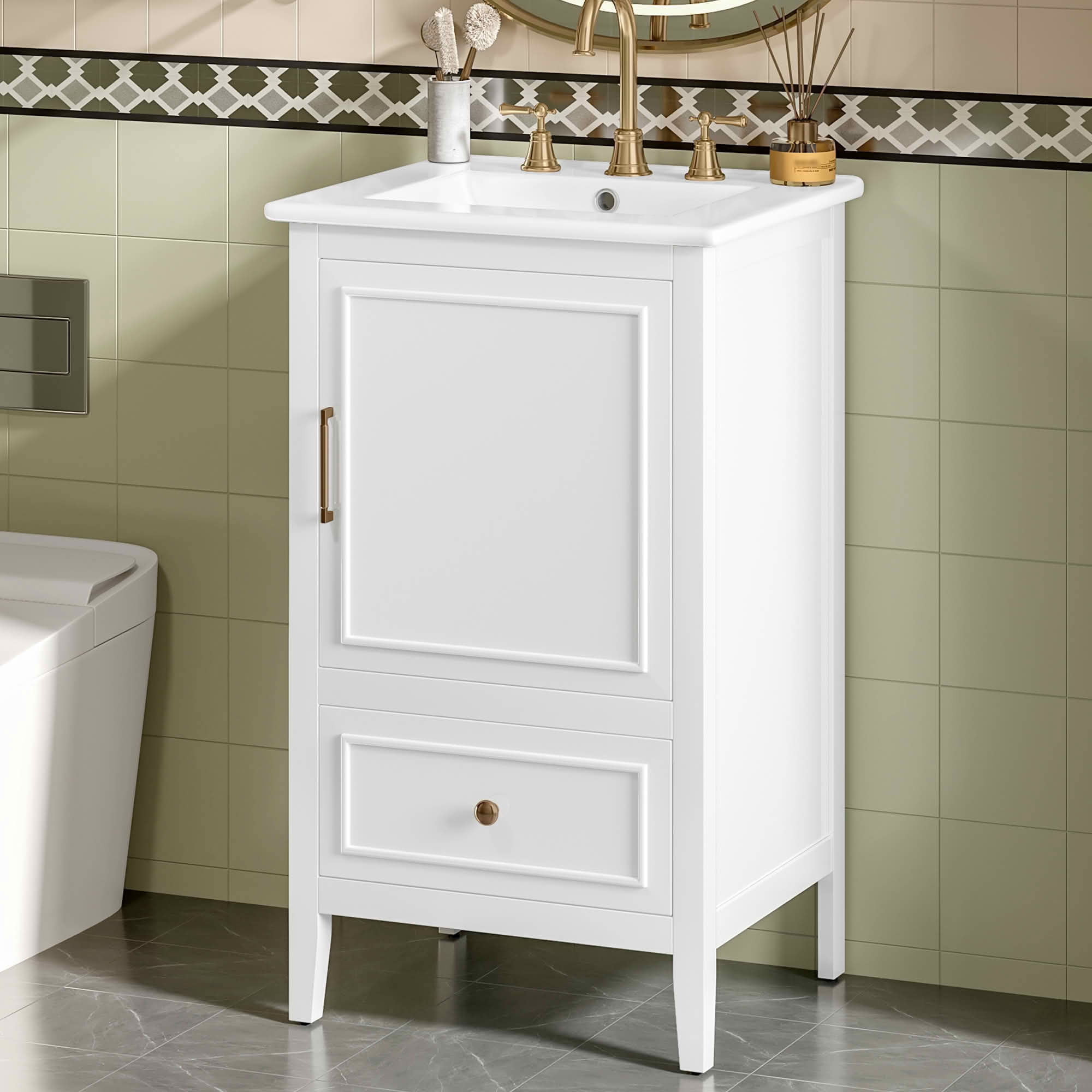 MAYEERTY 20" Bathroom Vanity with Sink 1 Door Shelf Adjustable Foot Pads Drawer White