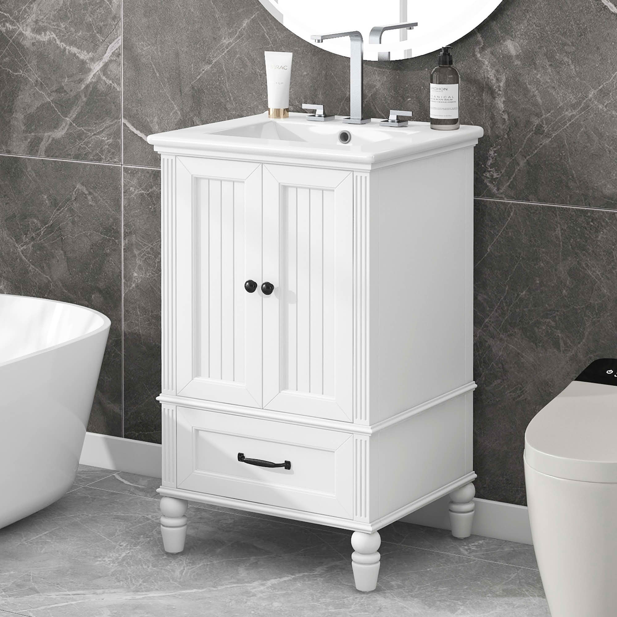 MAYEERTY 20" Bathroom Vanity with Sink 2 Doors Magnetic Stopper Adjustable Foot Pads Drawer White