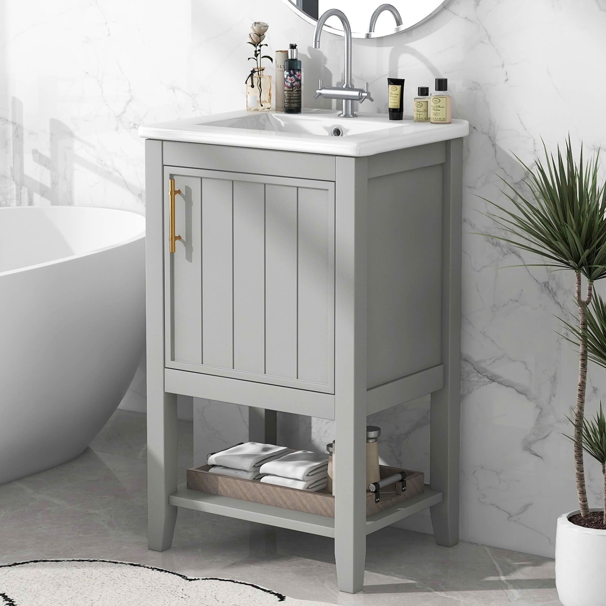 MAYEERTY 20" Bathroom Vanity with Sink Soft Closing Door Storage Rack Open Shelf Gray