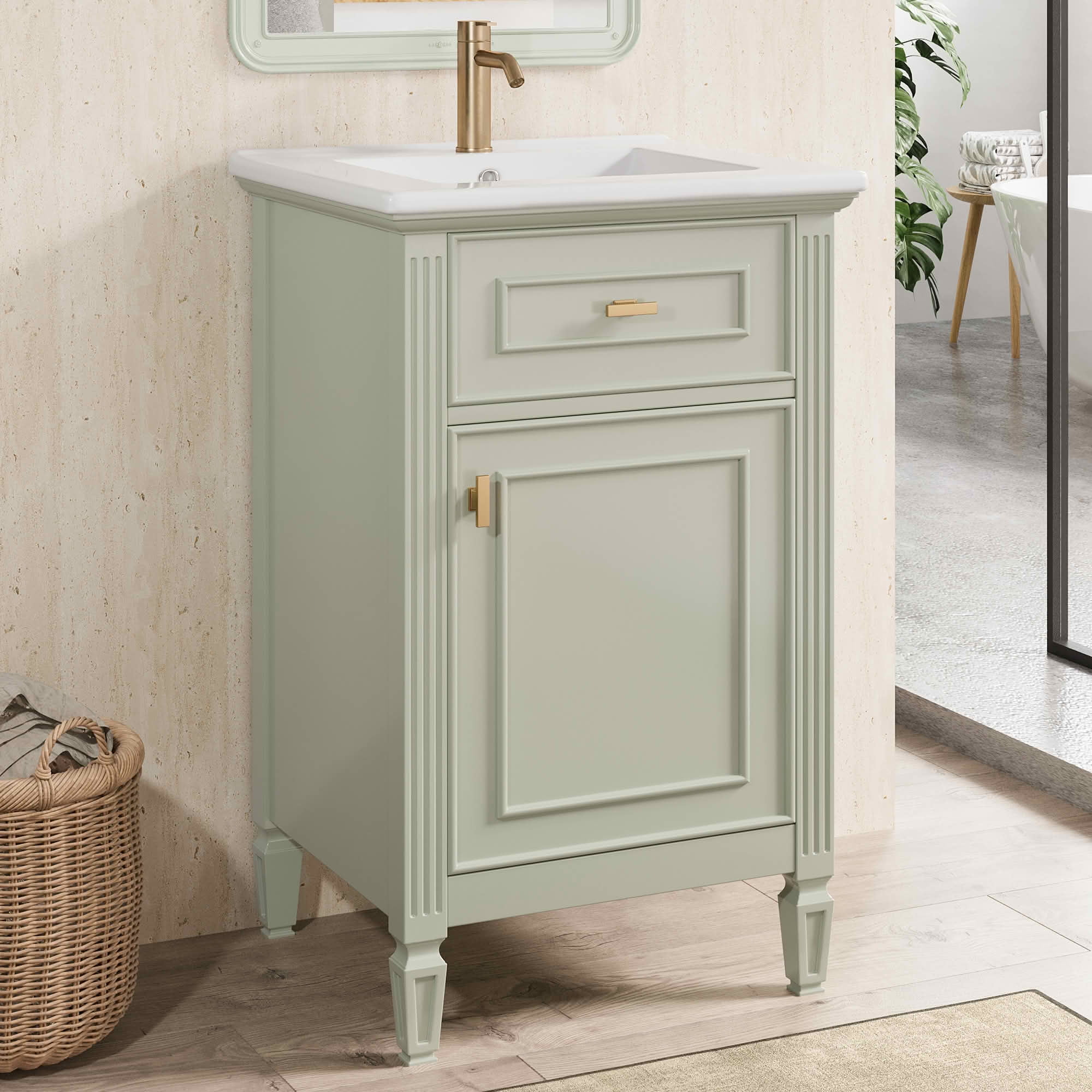 MAYEERTY 20-Inch Bathroom Vanity with Sink, Solid Wood Legs Adjustable Shelf Tilt-Out Drawer Zinc Alloy Knobs, Modern Freestanding Small Bathroom, Green